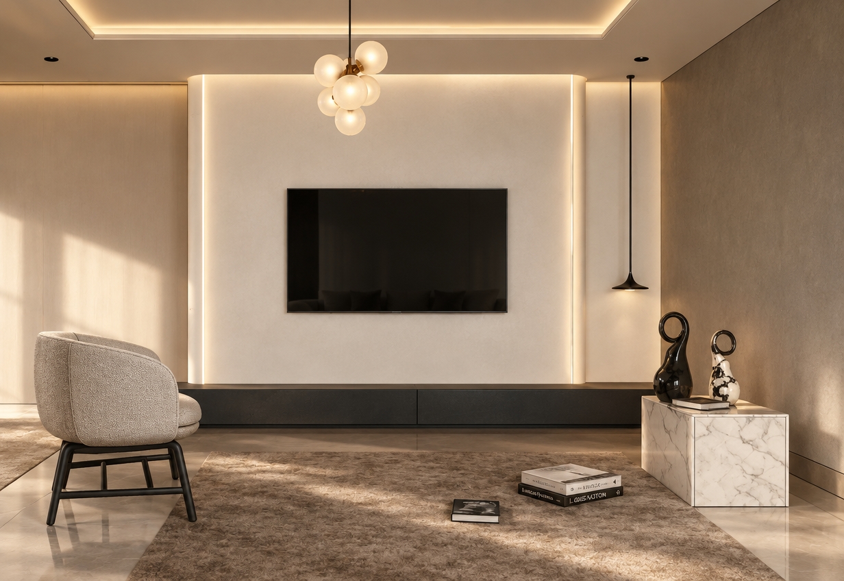 An incredibly lifelike, richly detailed, photorealistic wide-angle interior shot of a minimalist living room set in a luxurious contemporary penthouse. The scene is illuminated by soft, warm architectural backlighting and the luminous glow of frosted-glass spherical pendants, creating a serene, sophisticated atmosphere. Captured with a professional 24mm tilt-shift lens, emphasizing the rich contrast between polished stone surfaces, tailored textiles, and ultra-slim matte metal accents. 

At the center, an ultra-thin flat-screen television is seamlessly mounted against a smooth, curved-edge feature wall finished in soft pearl-white plaster, floating above a sleek charcoal console. To the left, a refined accent chair upholstered in champagne-toned woven bouclé rests on slender black iron legs, facing a plush, velvety taupe rug where curated photography books lie artfully arranged. On the right, an exquisite polished white marble plinth showcases two glossy, abstract ceramic sculptures beneath the delicate drop of a black needle-thin pendant lamp, creating a clean-lined, light-filled sanctuary of understated elegance.
