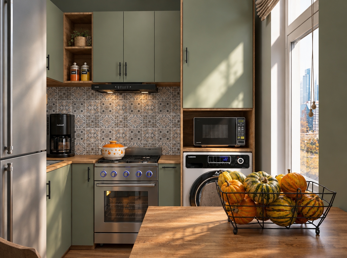 An incredibly lifelike, richly detailed, photorealistic interior shot of a modern apartment kitchen set in an urban environment during a crisp autumn afternoon. The scene is illuminated by soft, natural directional sunlight streaming through a large window, creating a serene and balanced "digital zen" atmosphere. Captured with a 35mm lens, the image emphasizes the smooth matte finish of the sage-olive cabinetry, the tactile warmth of the natural wood grain surfaces, and the intricate, vintage-inspired patterns of the backsplash tiles.

The composition highlights a perfect harmony between culinary utility and seasonal charm; a wire basket overflowing with vibrant, earthy gourds rests on the wooden table in the foreground, bridging the gap between the indoors and the cooling season outside. The stainless steel appliances and the sleek, matte black hardware provide a crisp, industrial contrast to the organic tones of the cabinetry. Reflections on the glass of the oven and microwave, combined with the subtle play of light and shadow across the countertops, impart a sense of depth and lived-in comfort, turning the compact kitchen into a tranquil, well-organized retreat.
