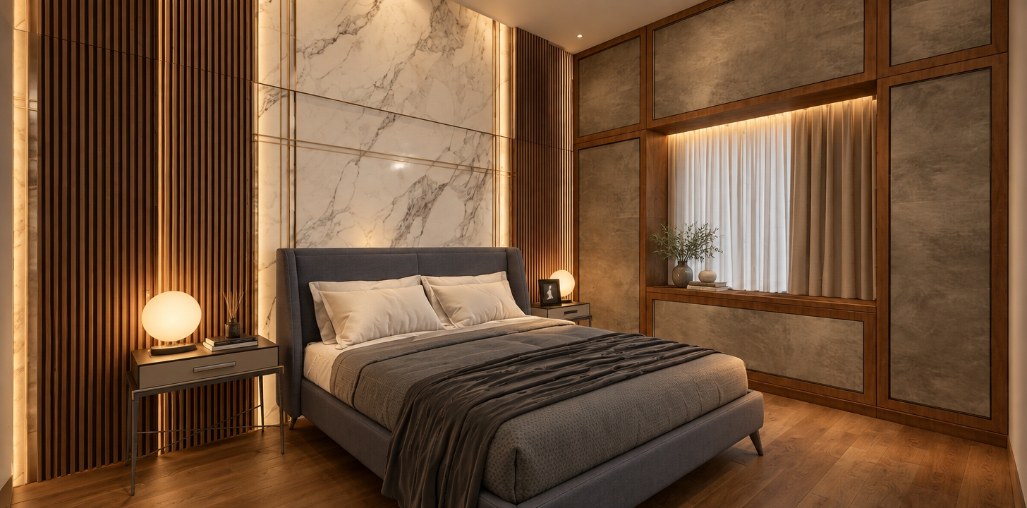 A photorealistic architectural photograph of the bedroom, preserving the exact geometry and composition under cozy, warm artificial interior lighting. The spherical bedside lamps emit a soft 2700K glow, casting gentle light across the textured fabric upholstery, detailed bedding folds, and hardwood floor. Polished white marble wall panels reflect ambient light with authentic veining and subtle brass inlays, contrasted by rich vertical fluted wood slats. Captured with a balanced wide-angle lens, realistic surface textures, natural fabric micro-creases, and subtle depth of field.