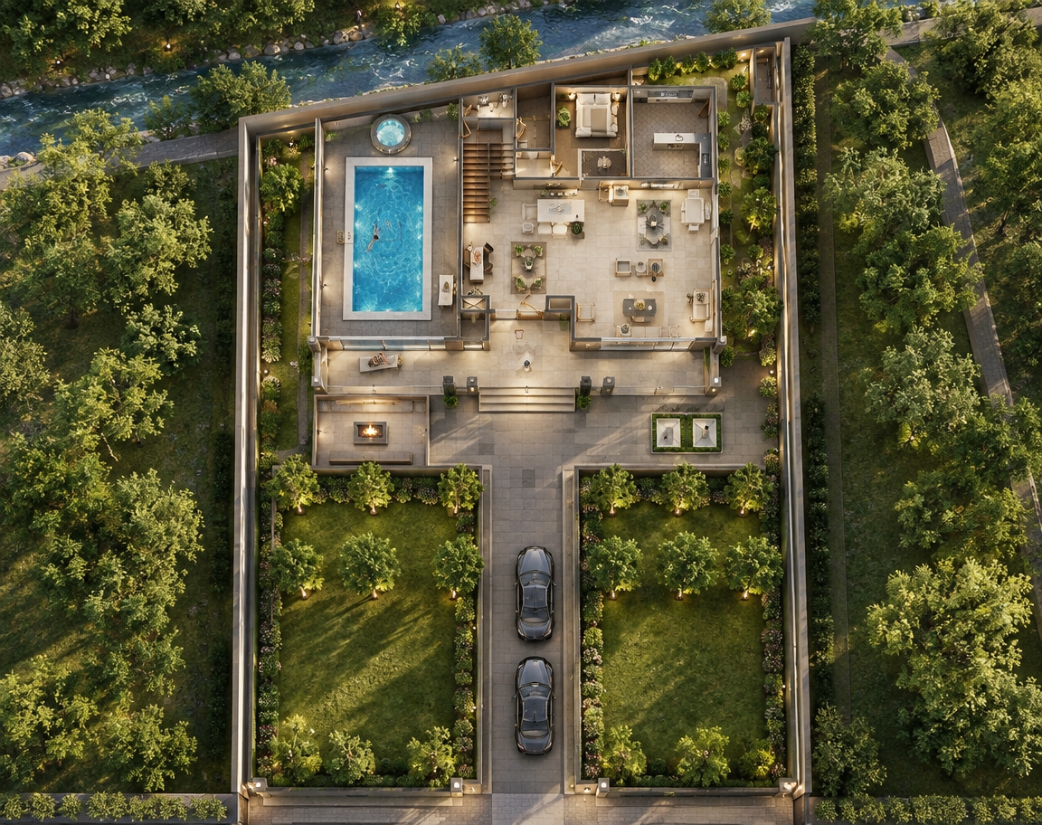 An incredibly lifelike, richly detailed, photorealistic wide-angle interior architectural photograph of a luxurious classical villa’s ground-floor living hall set in an expansive, manicured garden estate flanked by private side setback courtyards and a closed northern boundary wall. The scene is illuminated by bright summer midday sunlight pouring through floor-to-ceiling terrace openings and filtered daylight from the side yards, harmonized by warm 3000K concealed perimeter LED cove lighting along the cornices, creating an opulent, serene, and airy atmosphere. Captured with a high-end architectural tilt-shift lens, emphasizing the matte-honed texture of 80 × 80 cm large-format gray ceramic floor tiles with fine, uniform grout lines, crisp classical plaster moldings, and crystal-clear floor-to-ceiling acoustic glass partitions.
Looking across the expansive reception space, the view opens directly through the transparent interior glazing into the private indoor pool wing on the left, where turquoise pool water shimmers under subtle underwater fixtures and a lone swimmer glides peacefully near the adjoining rich walnut staircase. Classical cream-upholstered seating and refined millwork anchor the hall, seamlessly connecting forward to the stone-paved exterior terrace, where a modern sunken fire pit glows quietly against lush green lawns, manicured trees, and paved parking lanes in the foreground, perfectly mirroring the villa's geometric elegance in real-world tactile luxury.