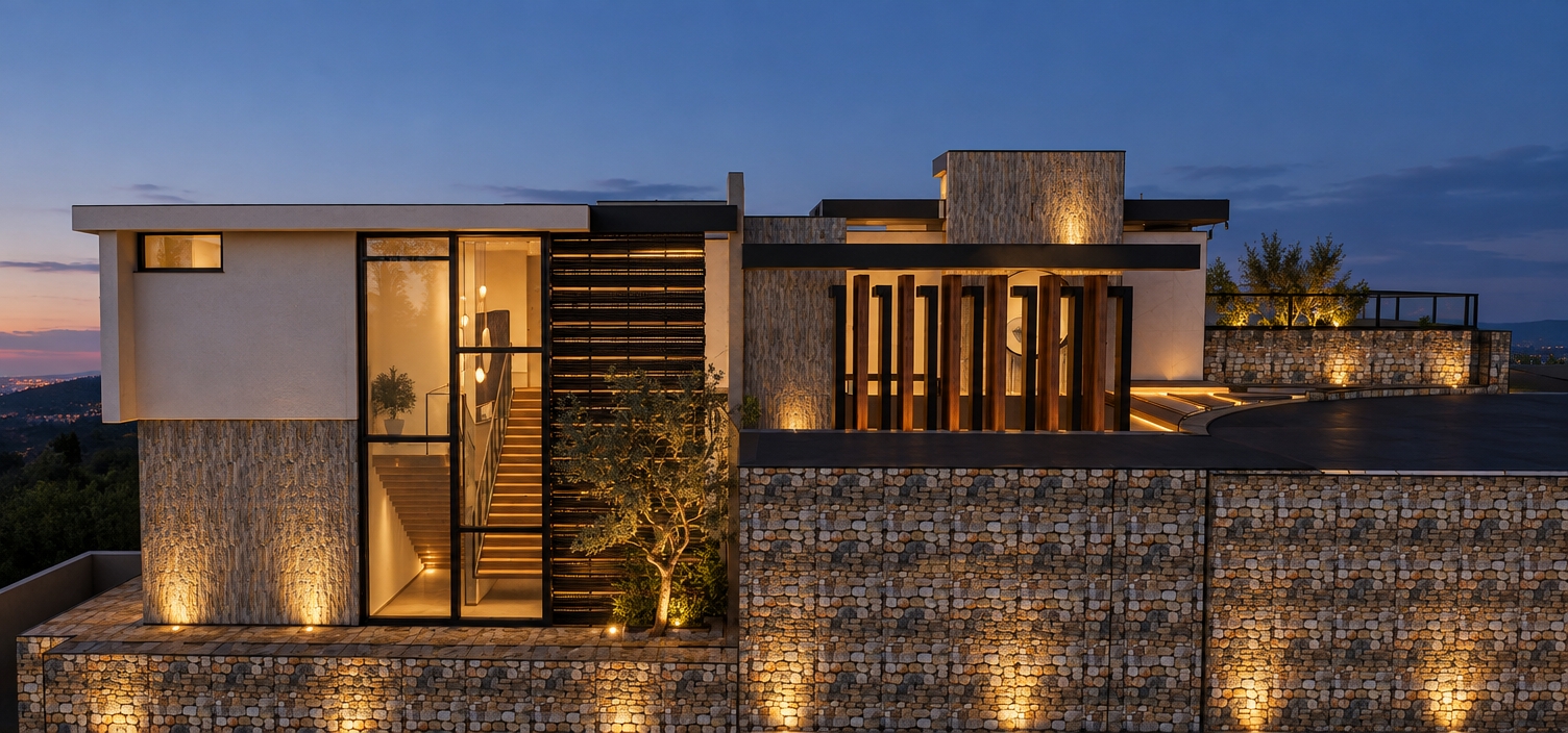 A sharp architectural photograph of the modern multi-level residence captured during dusk to highlight professional facade illumination, strictly preserving the exact geometry, composition, and perspective. Warm low-voltage accent uplighting softly grazes the rough tactile stone masonry, vertical wooden slats, and dark louvers, while inviting interior lighting glows through the large glass window to reveal the staircase inside. Ambient twilight provides a balanced, deep blue sky, casting realistic soft shadows and producing authentic physical reflections on the glazing, fine material micro-textures on the stone and stucco, and natural sensor depth.