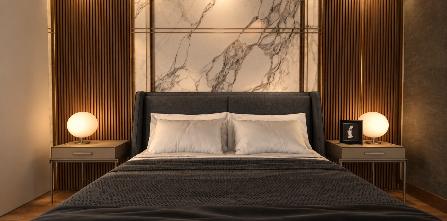 A professional interior photograph of the bedroom scene, maintaining the exact straight-on composition and geometry under cozy, warm artificial lighting. The spherical lamps emit a soft 2700K ambient glow, casting subtle shadows across the fluted wood paneling and highlighting the deep veins of the polished white marble backdrop. The upholstered headboard and cotton bedding display realistic fabric micro-textures and gentle folds, while the bedside tables exhibit smooth matte finishes with delicate metallic reflections on the legs. Captured with a clean 35mm architectural lens, balancing warm ambient tones with crisp material textures and faint natural vignetting.