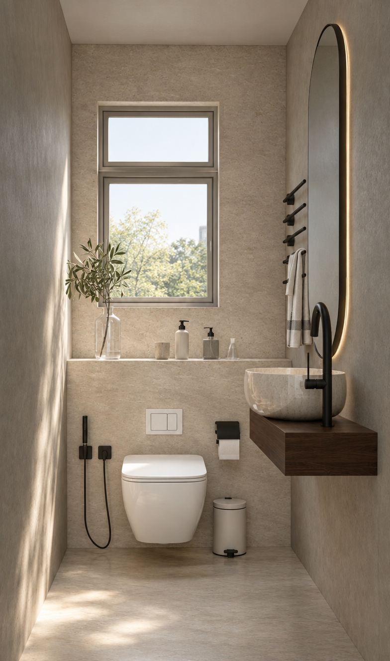 An incredibly lifelike, richly detailed, photorealistic interior shot of a minimalist powder room set in a sophisticated urban residence. The scene is illuminated by soft, diffused natural daylight filtering through the window, creating a serene and zen-inspired atmosphere. Captured with a 35mm lens, emphasizing the tactile textures of matte concrete walls and a smooth, cream-toned stone ledge that anchors the space.

The room exudes a refined, monochromatic elegance, balanced by the warmth of a floating dark walnut vanity and a sleek, circular mirror with a slim metallic frame. Streamlined matte black fixtures, including a modern faucet and handheld bidet, provide a sharp, functional contrast against the neutral surfaces. A delicate glass vase holding a single olive branch adds a touch of organic life, while clutter-free surfaces and a wall-mounted toilet maintain the clean, architectural lines. Every element is intentionally placed to achieve a sense of perfect balance and tranquil functionality, evoking the pages of a high-end interior design photography book.