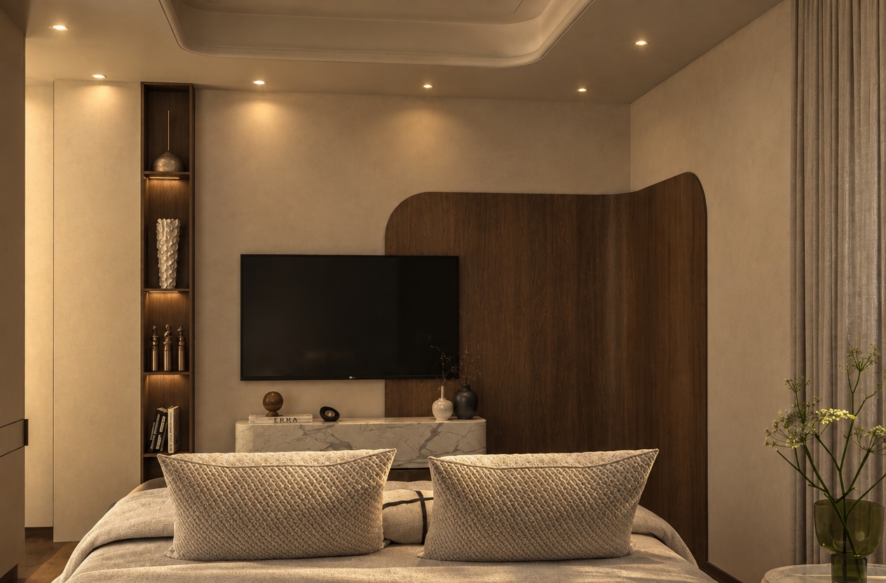 A realistic architectural photograph of the bedroom scene, preserving the exact geometry, perspective, and composition. The room is illuminated by warm, soft light from the recessed ceiling spotlights, casting natural gradients and subtle shadows across the matte beige walls. The curved accent panel reveals authentic dark wood grain, paired with the organic veining and soft reflective polish of the marble console below the television. In the foreground, the beige fabric pillows and bed linens display tactile woven micro-textures, gentle creases, and fine fibers. Shot with a 50mm lens, the image features balanced contrast, realistic ambient occlusion, faint film grain, and subtle edge vignetting for an authentic interior capture.