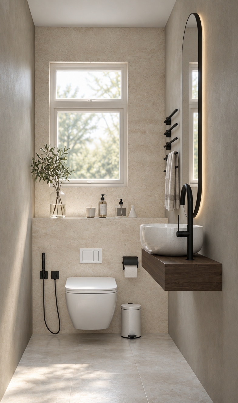 An incredibly lifelike, richly detailed, photorealistic interior shot of a minimalist powder room set in a quiet, modern residence. The scene is illuminated by soft, diffused natural light pouring through the transom window, creating a serene and zen-inspired atmosphere. Captured with a 35mm wide-angle lens, the image emphasizes the smooth, matte texture of the limestone-toned feature wall and the contrasting warmth of the floating dark-oak vanity. 

The composition is perfectly balanced, featuring a streamlined wall-hung toilet paired with sleek, matte-black fixtures that pop against the monochromatic backdrop. A tall, pill-shaped mirror anchors the space, reflecting light and adding depth to the compact footprint. Clutter-free surfaces host only the essentials—a delicate glass vase with a sprig of olive leaves, premium apothecary soaps, and a soft, textured hand towel—all contributing to the airy, uncluttered aesthetic. The neutral color palette, ranging from whisper-soft whites to sophisticated shades of cool gray, evokes a sense of tranquil elegance, while the clean lines and floating elements accentuate the room's refined, modern architecture.