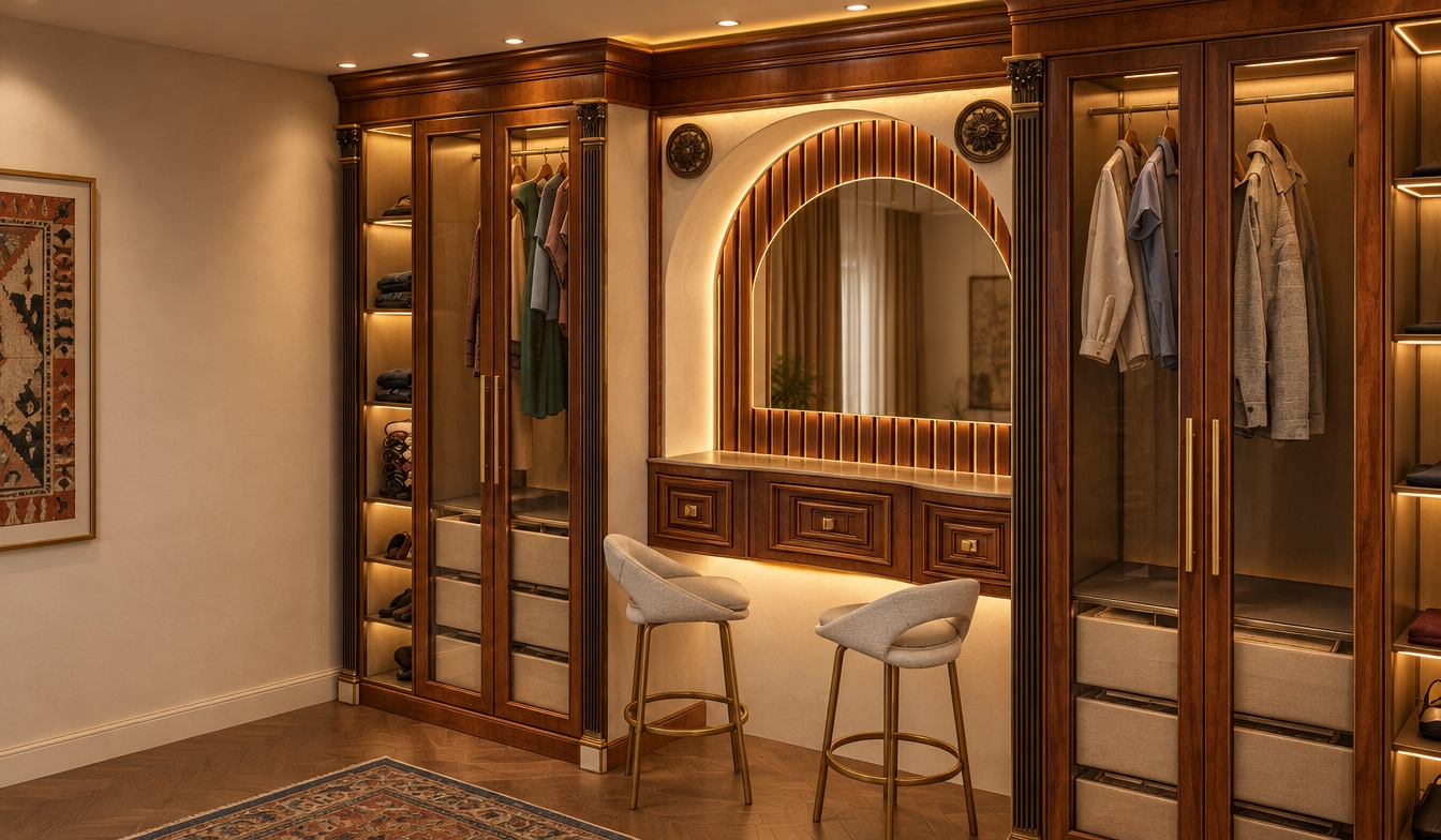 An incredibly lifelike, richly detailed, photorealistic medium-angle shot of a bespoke neoclassical walk-in closet set in a luxurious, sophisticated dressing room. The scene is illuminated by warm, honey-toned recessed cabinet lighting and soft, diffused hidden LED strips that cast a gentle, golden glow across the wood grain, creating a serene and opulent atmosphere. Captured with a 35mm lens, emphasizing the rich, high-gloss finish of the mahogany-toned millwork, the intricate fluted detailing on the pilasters, and the brushed brass texture of the sleek wardrobe handles. 

The composition maintains a perfect balance, showcasing the symmetrical architecture of the cabinetry. The arch-topped vanity centerpiece features a warm, inviting glow that highlights the vertical slats behind the mirror, while the two contemporary stools appear with soft, textured fabric upholstery. The reflections on the glass-fronted wardrobe doors are subtle and realistic, revealing the depth of the organized interior spaces. The overall aesthetic is one of refined elegance, where the warm lighting plays against the rich wood tones to evoke a high-end, timeless boutique environment.