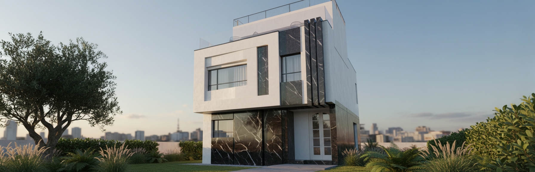 An incredibly lifelike, richly detailed, photorealistic low-angle exterior shot of a sophisticated contemporary residence set in a lush, minimalist garden. The scene is illuminated by the soft, golden-hour sunlight of a crisp afternoon, creating a serene and exclusive atmosphere. Captured with a 35mm wide-angle lens, the image emphasizes the striking high-contrast interplay between honed white limestone cladding and polished, deep-veined Nero Marquina marble accents. 

The architecture is defined by its clean, cubist geometry, where the dark marble vertical slats create a dramatic visual rhythm against the pristine white facade. Expansive, high-efficiency glazing reflects the vibrant green foliage of the surrounding manicured landscaping, which features sculptural ornamental grasses and a singular, elegant olive tree. On the rooftop terrace, a delicate glass-and-steel railing catches the light, hinting at an intimate outdoor lounge space. The composition emphasizes a sense of balance and luxury, with soft, diffused shadows grounding the structure into the soft texture of a slate-grey stone pathway, completing this tranquil minimalist haven.
