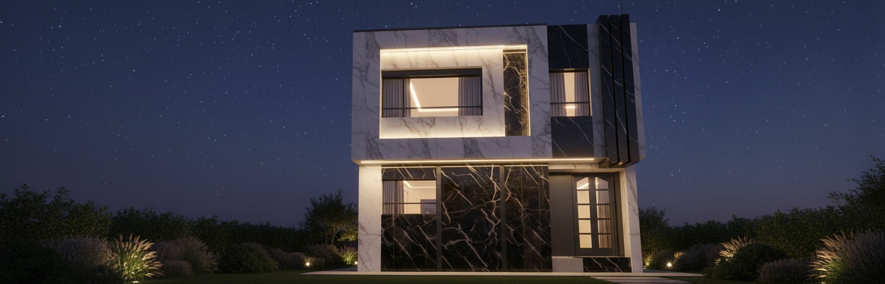 An incredibly lifelike, richly detailed, photorealistic wide-angle architectural exterior shot of a modern minimalist villa set in a serene outdoor garden at night. The scene is illuminated by warm, ambient recessed LED lighting tucked into the building’s overhangs and soft garden spotlights, creating a tranquil, sophisticated atmosphere. Captured with a Phase One XF, 35mm lens, emphasizing the high-contrast textures of honed white marble and polished nero marquina black marble panels. 

The building presents a striking contemporary facade where the dark, veined marble cladding reflects the soft glow of the landscape lighting. A lush, manicured garden surrounds the base of the structure, with subtle uplighting grazing the leaves of ornamental grasses and sculptural shrubs, adding depth to the foreground. The large glass apertures reveal a faint, inviting amber warmth from the interior, contrasting beautifully with the cool, deep blues of the night sky. The clean lines and monochromatic palette of the architecture emphasize a minimalist haven, perfectly balanced against the organic chaos of the surrounding foliage.