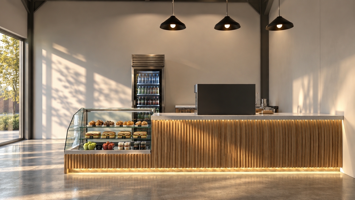 A crisp architectural photograph capturing the school canteen counter in soft, low-angled morning sunlight entering from the left. Natural daylight illuminates realistic textures across the vertical fluted wood panels, polished stone countertop, and clear glass display case with authentic reflections. The three matte black pendant lights emit a soft, warm overhead glow contrasting with the cool morning light, while subtle under-counter LED strips cast ambient illumination across the concrete floor. Captured with crisp focus, lifelike stainless steel reflections on the refrigerator, faint surface micro-imperfections, and mild natural grain for genuine photographic realism.