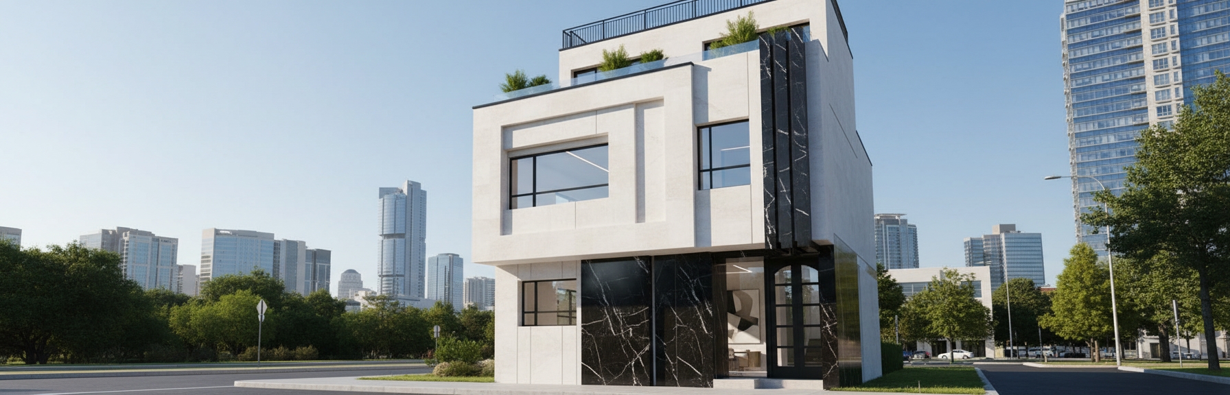 An incredibly lifelike, richly detailed, photorealistic wide-angle exterior shot of a sophisticated contemporary residence set in a pristine, sun-drenched urban environment. The scene is illuminated by crisp, mid-morning sunlight, creating a refined and balanced atmosphere with sharp, clean shadows that accentuate the building's geometric volumes. Captured with a 35mm tilt-shift lens, emphasizing the contrast between the honed white stone panels and the dramatic, polished black marble accents that define the facade.

The architecture exudes contemporary elegance, characterized by its clean-lined, minimalist aesthetic. The exterior cladding features a sophisticated interplay of materials: warm white and pearl-toned stone surfaces provide an airy, understated base, while bold, vertical streaks of black marble add a touch of polished luxury. Slim metal accents frame the large, light-filled windows, which reflect the clear cerulean sky with subtle clarity. A sculptural, recessed entry point leads toward the interior, where hints of tailored, refined decor are visible through the threshold. The composition is balanced and authoritative, framed against a cloudless horizon that heightens the sense of architectural precision and curated, high-end design.