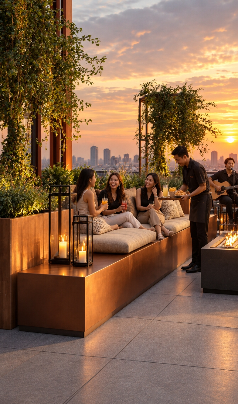 An incredibly lifelike, richly detailed, photorealistic wide landscape shot of an elegant rooftop garden terrace set in a modern apartkost in Sidosermo, South Surabaya. The scene is illuminated by the rich, warm glow of a setting tropical sun harmonized by flickering glass lanterns and the subtle amber flame of a contemporary fire table, creating a serene, intimate, and vibrant evening atmosphere. Captured with a full-frame camera and a 35mm lens, emphasizing the matte copper-toned planter benches, plush textured fabric cushions, climbing ivy foliage, and sleek grey tiled decking. Elevated fifteen meters high, the terrace frames a sweeping view of the Surabaya and West Surabaya skyline against a dramatic twilight sky; here, three cheerful women sit conversing and laughing on the long daybed while an attentive server presents a tray of refreshing drinks, golden french fries, and warm pastries, all softly serenaded by a talented acoustic guitarist singing gently in the corner.
