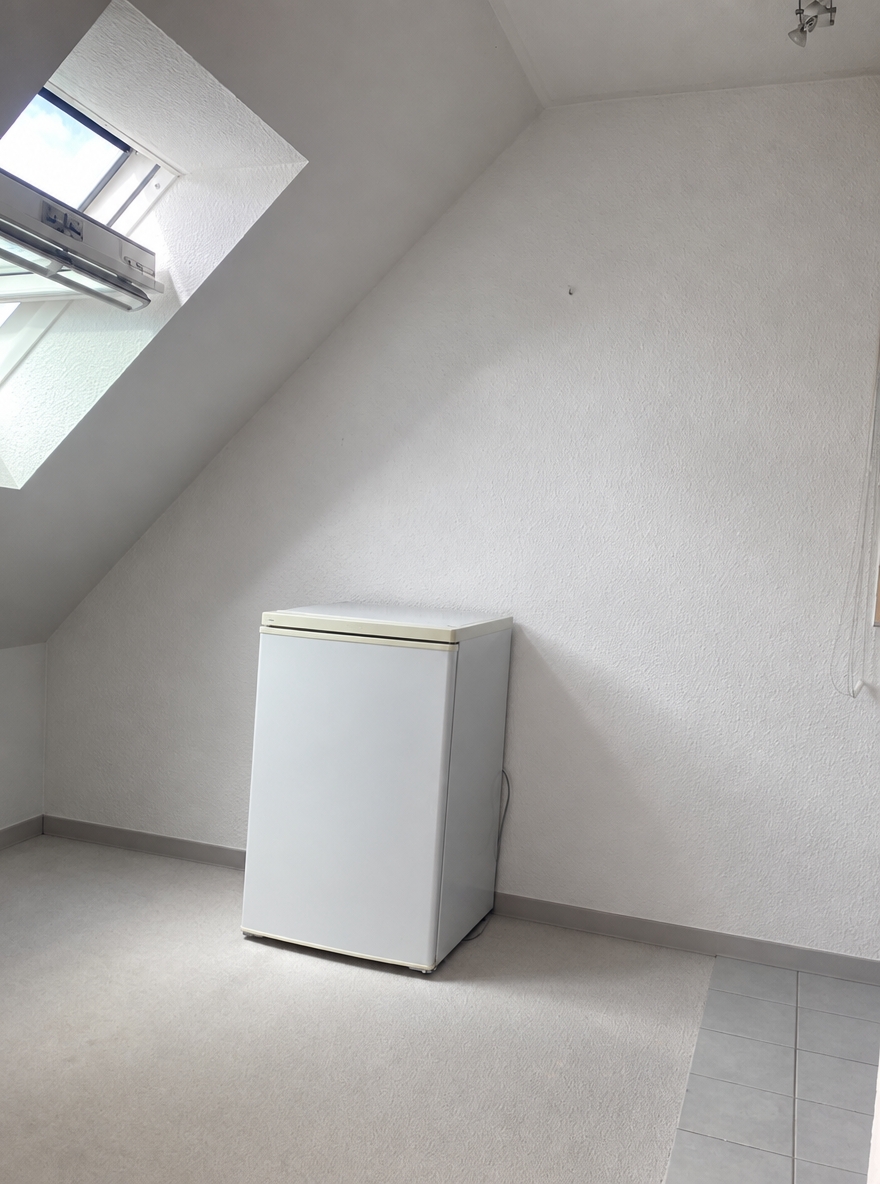 Keep the room exactly as it is (sloped ceiling, skylight window, walls, floor, perspective). Only remove the clutter: the trash bins, the bucket, the small stool, the kettle, the toaster oven, the cloths, the wire cart and the folding table. Keep the white under-counter fridge in place. Do not change anything else.