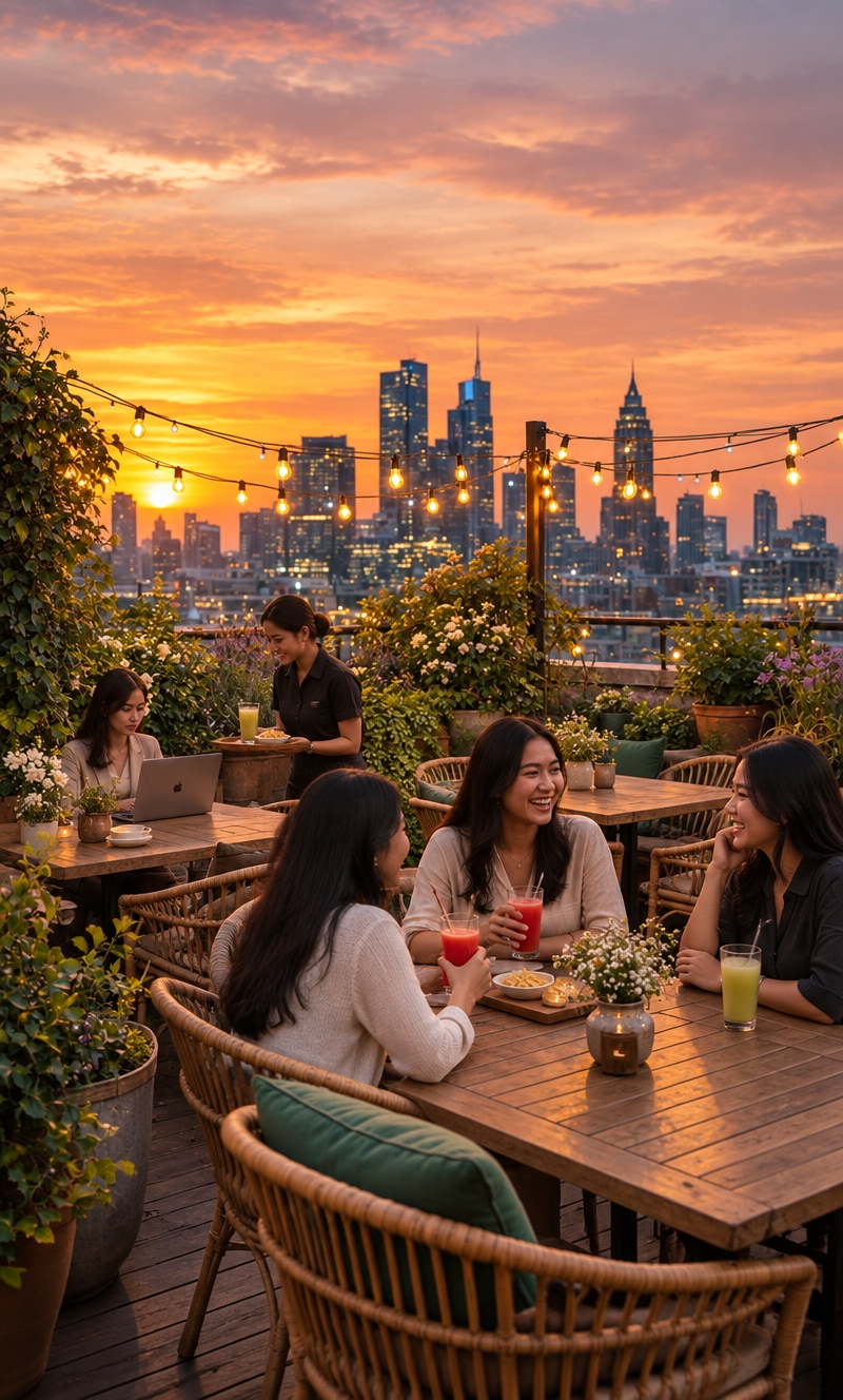 An incredibly lifelike, richly detailed, photorealistic wide-angle shot of a serene rooftop garden terrace set in a modern apartkost in Sidosermo, South Surabaya, elevated 15 meters above ground level. The scene is illuminated by the warm, glowing hues of a vibrant golden-hour sunset reflecting across the sky, harmonized with the inviting, incandescent glow of hanging Edison string bulbs, creating an enchantingly tranquil, cozy, and syahdu atmosphere filled with contemporary elegance. Captured with a full-frame camera and a sharp 35mm prime lens, emphasizing the rich textures of rustic wooden tabletop surfaces, textured woven rattan armchairs with plush cushions, blooming potted flora, and the distant, twinkling silhouettes of Surabaya's central and western skyscrapers. Amidst this welcoming garden deck, three women sit together laughing and chatting over vibrant glasses of iced watermelon and melon juice, while at a nearby table in the background, a focused young woman works intently on her laptop as an attentive waitress approaches to serve fresh drinks and light evening snacks.