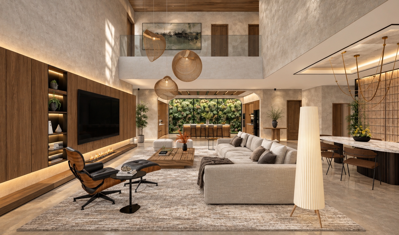 An architectural photograph of the expansive, double-height modern living room, captured with a professional interior lens in soft, natural daylight. The textured micro-cement walls, rich walnut wood paneling, and tactile linen upholstery exhibit authentic surface details, organic highlights, and subtle ambient occlusion. Warm, integrated LED cove lighting and the soft glow of the linear fireplace complement the gentle daylight filtering from the lush vertical garden in the background. Fine material physics emerge across the polished marble dining tabletop, the supple leather of the lounge chair, and the woven fibers of the plush area rug, rendered with balanced exposure, realistic light bounce, and subtle photographic grain.