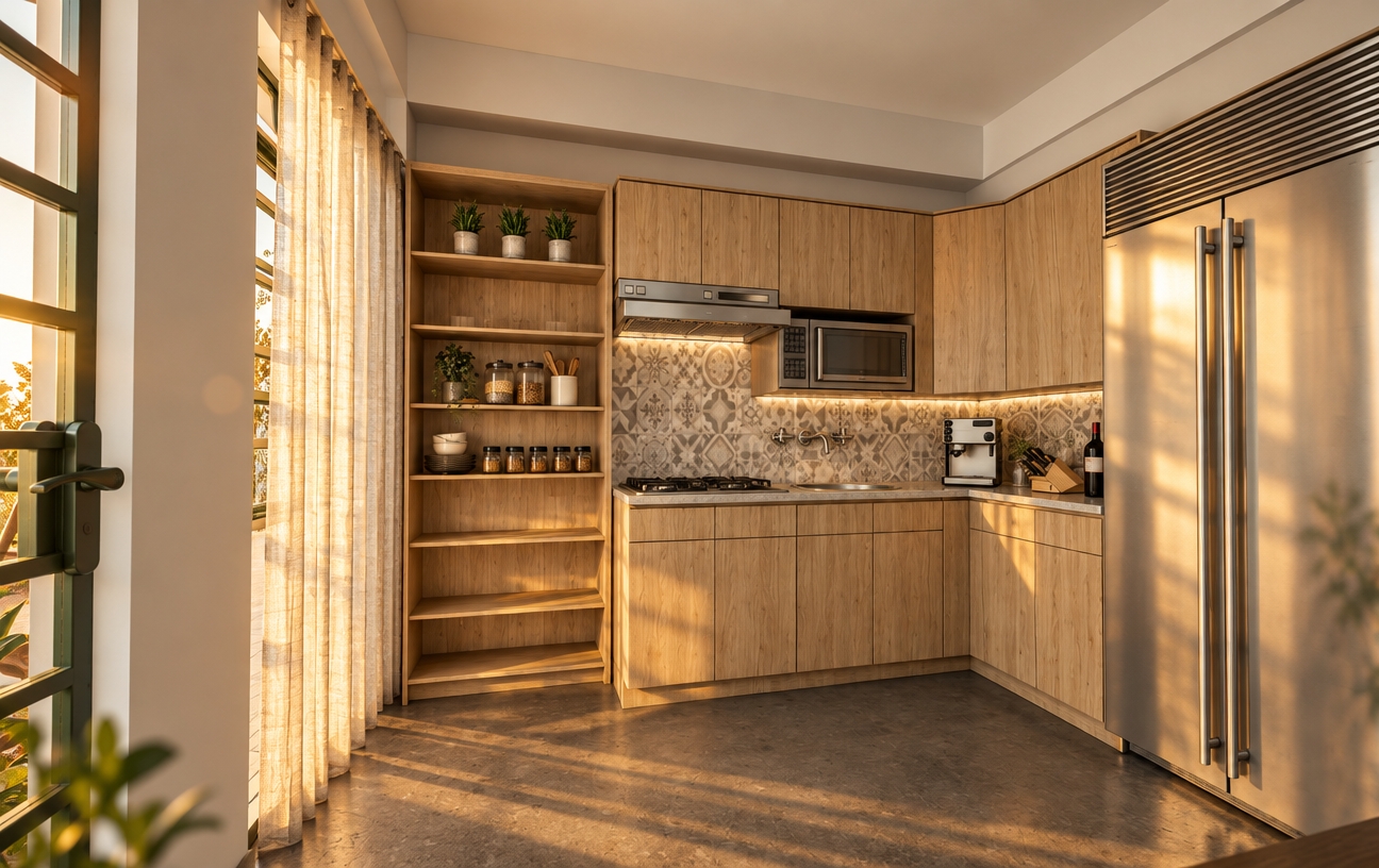 A photorealistic interior photograph capturing the exact kitchen layout during sunrise, bathed in low-angled, warm golden morning light streaming through the sheer curtain on the left. The soft sunlight casts elongated, gentle shadows across the matte dark concrete floor and highlights the realistic wood grain textures on the cabinetry and open shelving. The patterned tile backsplash displays authentic ceramic reflections, while the stainless steel refrigerator, range hood, and microwave feature subtle brushed metal sheens with gentle morning light catches. Captured with a wide-angle architectural lens, featuring deep depth of field, balanced dynamic range, subtle lens flare from the dawn sun, and natural surface textures.