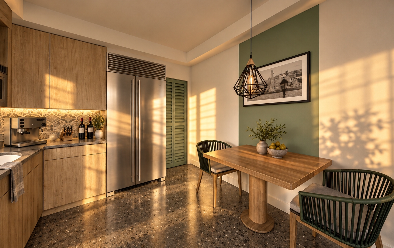 A photorealistic architectural interior photograph taken at sunrise, with soft, low-angle golden light casting gentle, elongated shadows across the room. Warm morning rays highlight the natural grain of the light oak cabinetry, the brushed stainless-steel refrigerator, and the patterned backsplash. In the dining nook, the wooden pedestal table and modern spindle chairs sit under the geometric black wire pendant, with realistic reflections on the dark terrazzo floor and the soft sage-green accent wall, captured with a sharp wide-angle lens, authentic surface textures, and natural color grading.