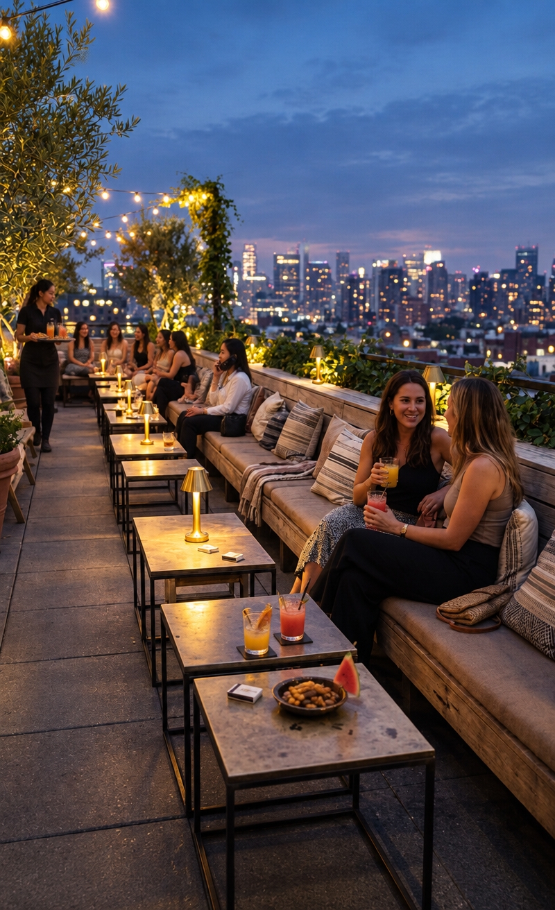 An incredibly lifelike, richly detailed, photorealistic eye-level shot of a vibrant rooftop gathering set on the terrace roof deck of a contemporary apartkost in Sidosermo, South Surabaya. The scene is illuminated by warm, ambient cordless table lamps, delicate hanging fairy lights, and the mesmerizing bokeh of city lights under a cool twilight sky, creating an elegant, lively, and syahdu evening atmosphere. Captured with a 35mm f/1.8 lens, emphasizing the rich grain of the reclaimed wood banquettes, cozy patterned throw pillows, sleek metallic tables, and lush terrace greenery. In the right foreground, two young women chat happily over chilled glasses of fresh *es jeruk* and watermelon juice resting on the table. Behind them, a woman sits relaxed while on a phone call, and further in the background, a lively group of five friends share laughter together as an attentive waitress approaches carrying a tray of drinks and evening snacks. The sprawling, twinkling skyline of Surabaya and West Surabaya stretches into the distance, perfectly embodying urban contemporary charm in an open-air garden setting.
