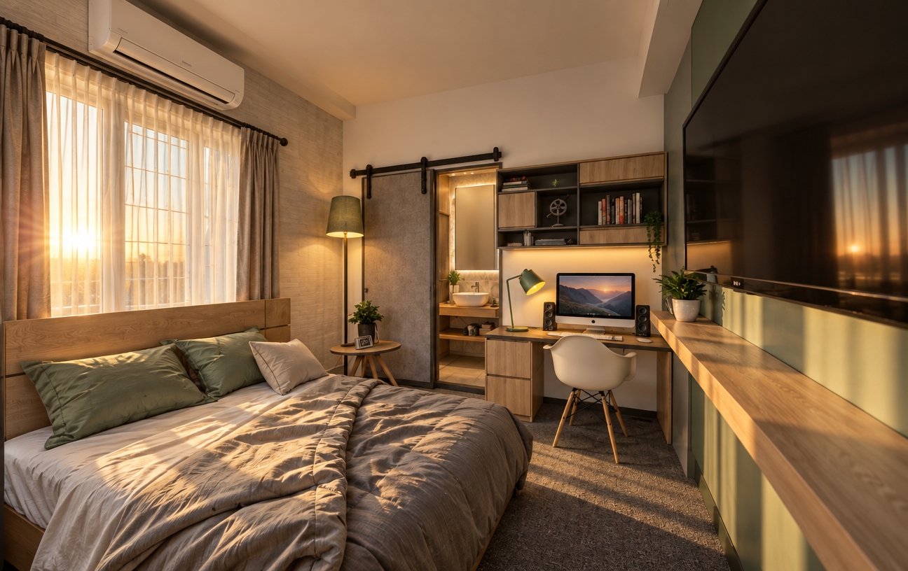 A photorealistic architectural photograph of the bedroom during a warm sunrise, retaining the exact geometry and composition. Low-angle golden sunlight streams through the window curtains, casting soft morning highlights and elongated shadows across the rumpled duvet, pillows, and floor. The light wood furniture, desk, and floating shelves display natural wood grain, while the television and computer monitor show realistic glass reflections. Soft ambient light spills from the ensuite bathroom, complemented by genuine fabric textures, realistic matte wall finishes, and subtle photographic grain.