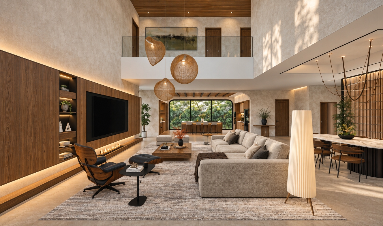A professional interior photograph of the modern minimalist double-height living area, preserving the exact geometry, perspective, and composition. Soft natural daylight illuminates the space, balanced by warm recessed cove lighting along the walnut media wall, the gentle glow of the linear fireplace, and ambient light from the sculptural woven pendants and standing floor lamp. Walls display tactile limewash plaster micro-textures, contrasted by rich, authentic wood grain on the cabinetry and ceiling, plush woven upholstery on the sectional sofa, soft fiber on the area rug, and supple leather on the lounge chair. Captured with a wide-angle architectural lens, featuring balanced dynamic range, realistic shadows, gentle falloff, and subtle sensor grain for complete photographic realism.