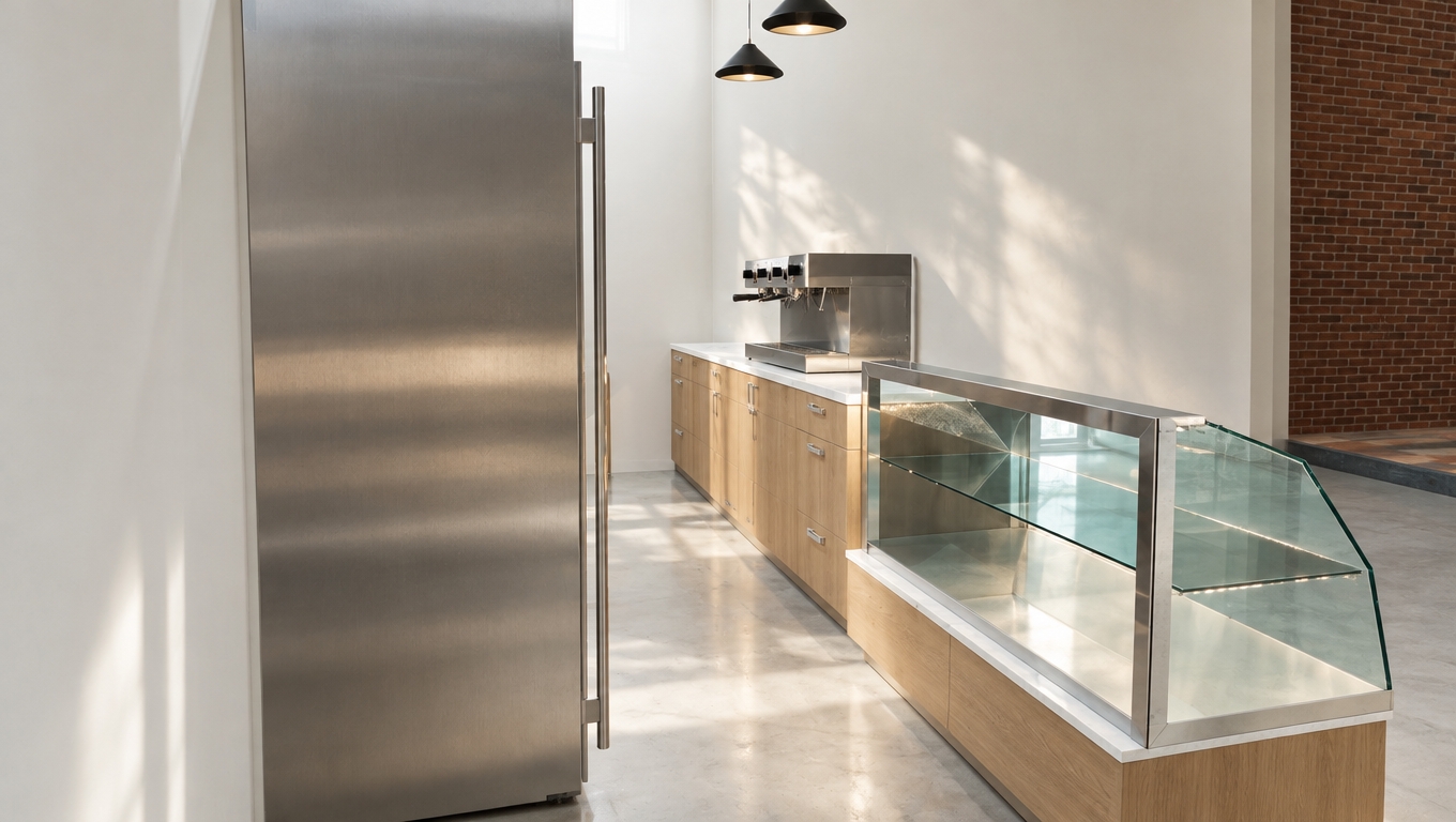 An incredibly lifelike, richly detailed, photorealistic interior shot of a professional kitchen corner set in a minimalist haven. The scene is illuminated by soft, natural midday light streaming in during spring, creating a serene and uncluttered atmosphere. Captured with a 35mm lens, the composition emphasizes the sleek textures of brushed stainless steel on the tall refrigerator and professional-grade beverage station, contrasted against the warmth of light-oak cabinetry.

The design is a masterclass in modern, streamlined functionality, featuring a pristine glass-fronted display case with polished edges that catch the ambient light. Clutter-free surfaces and a monochromatic palette of crisp whites and cool grays define the space, reflecting a Zen-inspired aesthetic. Above, a pair of matte black pendant lights provides a subtle architectural anchor, while the surrounding environment—hinted at by the deep red brick accent wall in the distance—adds a sophisticated depth to the overall composition. The image evokes the clean, curated look found in a high-end photography book, where every element of the kitchen serves a purpose in total, elegant harmony.