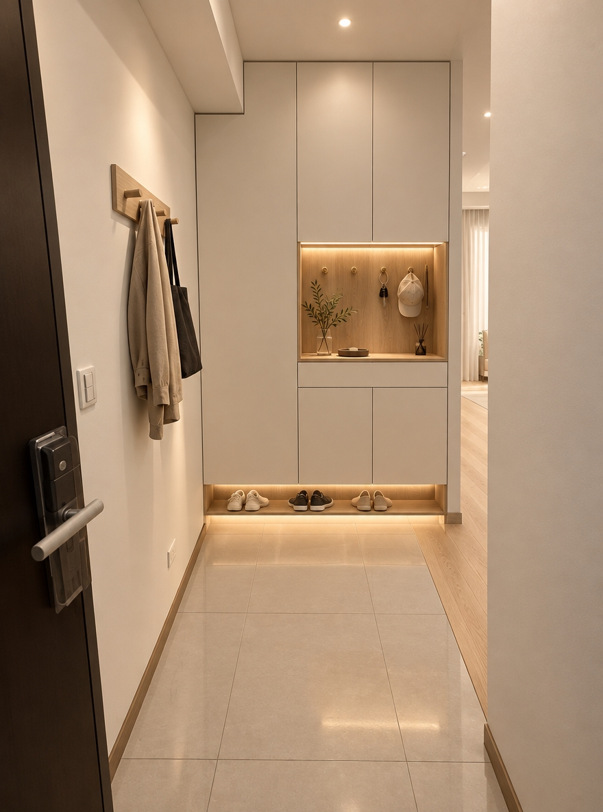 An incredibly lifelike, richly detailed, photorealistic wide-angle interior photograph of a modern minimalist entryway and transition foyer set in a serene contemporary apartment. The scene is illuminated by soft, warm recessed spotlights and concealed ambient LED strip lighting beneath the floating cabinetry and central niche, creating an inviting, calming, and refined atmosphere. Captured with a 24mm architectural lens, emphasizing the fine texture of natural oak wood, smooth matte off-white joinery, and the clean edge transition between flooring materials. 

Along the main wall, a bespoke 160-centimeter-wide, floor-to-ceiling cabinetry system stands flush, preserving a generous 130-centimeter unobstructed walkway that turns smoothly into the interior. The modular unit integrates a closed outerwear wardrobe for worn jackets, concealed shoe storage, and a warm wood-lined mid-level display niche fitted with subtle brass key hooks and minimal decorative accents. Suspended gracefully above the floor, the floating base creates an effortlessly light profile while providing dedicated illuminated slots for daily footwear. The durable original floor tiles are preserved to form a designated drop-down mudroom zone, cleanly meeting warm engineered light-oak floorboards as the path bends right into the living quarters, while streamlined wall hooks near the entrance door complete this functional, clutter-free minimalist haven.