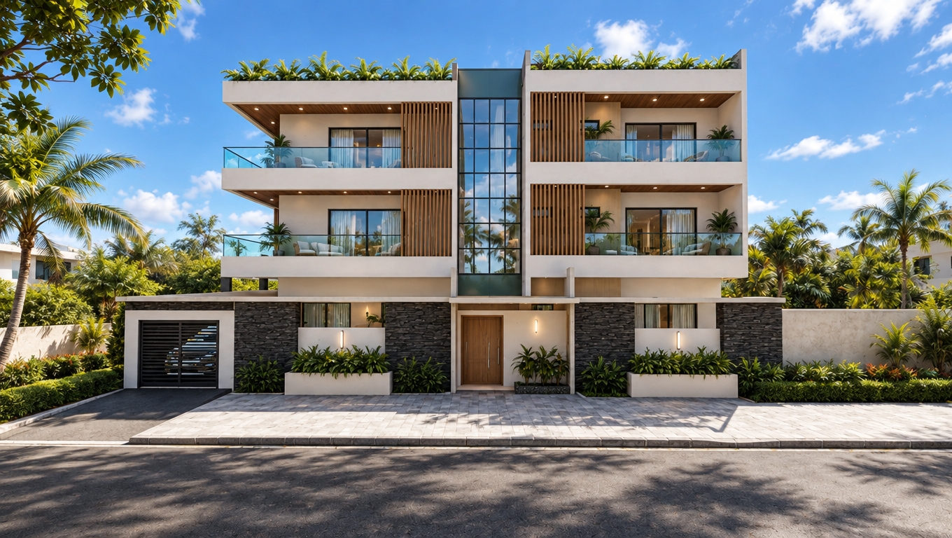 An incredibly lifelike, richly detailed, photorealistic wide-angle architectural exterior of a contemporary multi-story residential building set in a lush, vibrant spring landscape. The scene is illuminated by the crisp, golden clarity of a bright midday sun, creating a sophisticated and welcoming atmosphere as shadows define the clean lines of the facade. Captured with a professional-grade tilt-shift lens to ensure perfect perspective, the composition emphasizes the interplay between the matte-black stone cladding of the ground floor and the airy, white-plastered upper levels, where mid-century modern influence shines through the rhythmic vertical timber slats and minimalist balcony railings. The central glass atrium reflects the brilliant cerulean sky, while a meticulously manicured garden with lush tropical foliage frames the entrance, offering a glimpse of an open-concept living room interior characterized by warm wood tones and curated minimalist furniture visible through the expansive sliding glass doors. The surrounding environment is bathed in the fresh, saturated greens of spring, with soft clouds drifting across the horizon, grounding this elegant structure in a serene, high-end residential neighborhood that perfectly balances organic greenery with sharp, modern architectural precision.
