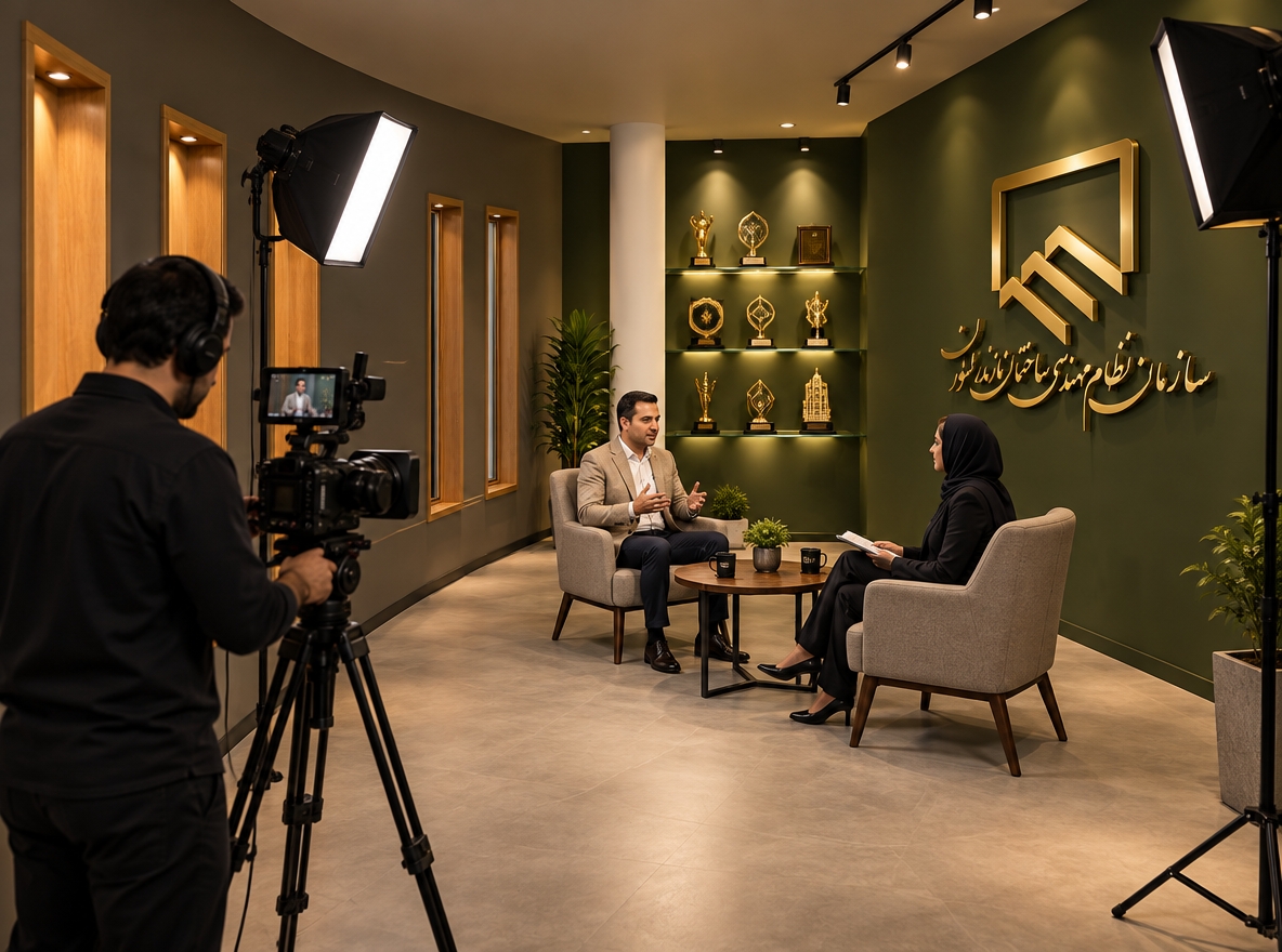 Create a realistic, professional interview studio with a modern, elegant, and premium corporate style.
The **right wall and the front wall** should be finished in a sophisticated **dark green color**, creating a premium cinematic atmosphere.
On the **right wall**, place the **Iranian Construction Engineering Organization logo** as a high-quality **golden acrylic (gold plexiglass) 3D wall sign**, elegant and clearly visible, with realistic depth, subtle shadows, and professional lighting.
On the **front wall**, install several **simple, modern glass display shelves**. Place a collection of elegant **honor and achievement trophies/statues of the Construction Engineering Organization** on these glass shelves. The trophies should look prestigious, refined, and realistic, arranged neatly with different sizes and shapes. Use subtle spotlights to beautifully illuminate the trophies without making the space look crowded.
On the **left side of the frame**, place a professional **camera operator** standing behind a professional video camera mounted on a tripod, actively filming the interview.
In the **center of the scene**, place **two people sitting and conducting a professional interview: one man and one woman**. The woman is the interviewer and the man is the guest. They should look natural, professional, and engaged in conversation.
Use a clean modern studio setup with a minimalist table, two elegant chairs, professional softbox lighting, subtle warm accent lights, realistic shadows, and cinematic depth of field.
The composition should clearly show:
* **Camera operator on the left**
* **Interviewer and guest in the center**
* **Glass display shelves with organizational honor trophies on the front wall**
* **Golden organization logo on the right dark-green wall**
Photorealistic, high-end corporate interview studio, realistic human proportions, natural poses, professional broadcast production, cinematic lighting, premium architectural interior, ultra-detailed, sharp focus, 4K quality.
**Important:** Keep the studio clean, sophisticated, and official. Do not add unnecessary text, extra logos, or unrelated decorative elements. The golden organization logo and the achievement trophies should be the main branding elements of the studio.