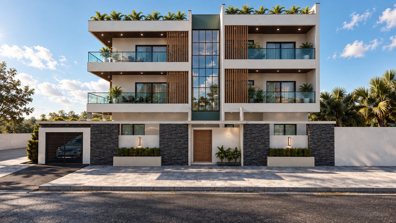 Architectural photograph of the modern residential building captured with a sharp tilt-shift lens under bright, natural daylight, perfectly maintaining the original geometry, straight frontal perspective, and composition. The facade features tactile realism, showcasing subtle porosity in the white plaster, natural wood grain on the vertical louvers, and uneven texture across the dark stacked stone. Realistic reflections and gentle transparency appear on the glass railings and central window wall, catching ambient sky reflections. The foreground asphalt and paved sidewalk have authentic surface grain with subtle dust, while realistic direct sunlight creates crisp, naturally diffused shadows and highlights with slight lens vignetting and film-like clarity.