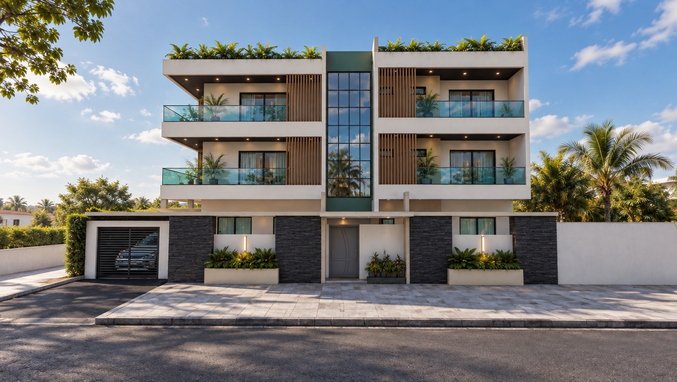 A crisp, eye-level architectural photograph of the modern multi-story building captured on a bright afternoon with a tilt-shift lens. The white exterior walls exhibit realistic fine stucco texture, paired with natural matte finishes on the dark stone cladding and authentic grain along the vertical wooden slats. Glass panels and tinted balcony railings catch the sky and passing clouds with true-to-life reflections, surface transparency, and faint natural imperfections. Direct sunlight produces soft, physically accurate shadows across the asphalt road and paved sidewalk, while the rooftop and planter greenery appears organic, textured, and subtly varied in tone under a clear, warm-tinted daylight sky.