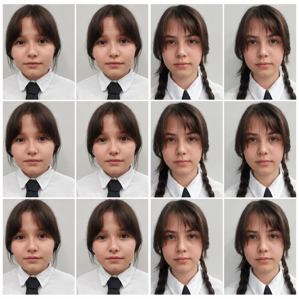 A high-resolution, tack-sharp photographic print of the multi-frame portrait grid, rendered with crisp optical clarity from an 85mm portrait lens. Each individual passport-style portrait features clean, neutral studio lighting that evenly illuminates the faces, revealing delicate skin micro-textures, individual strands of hair, and the distinct weave of the white collared shirts and smooth matte black ties. The composition and framing of the grid remain strictly preserved, enhanced with true-to-life color depth, natural catchlights in the eyes, sharp focus across all frames, and fine, realistic photographic grain.