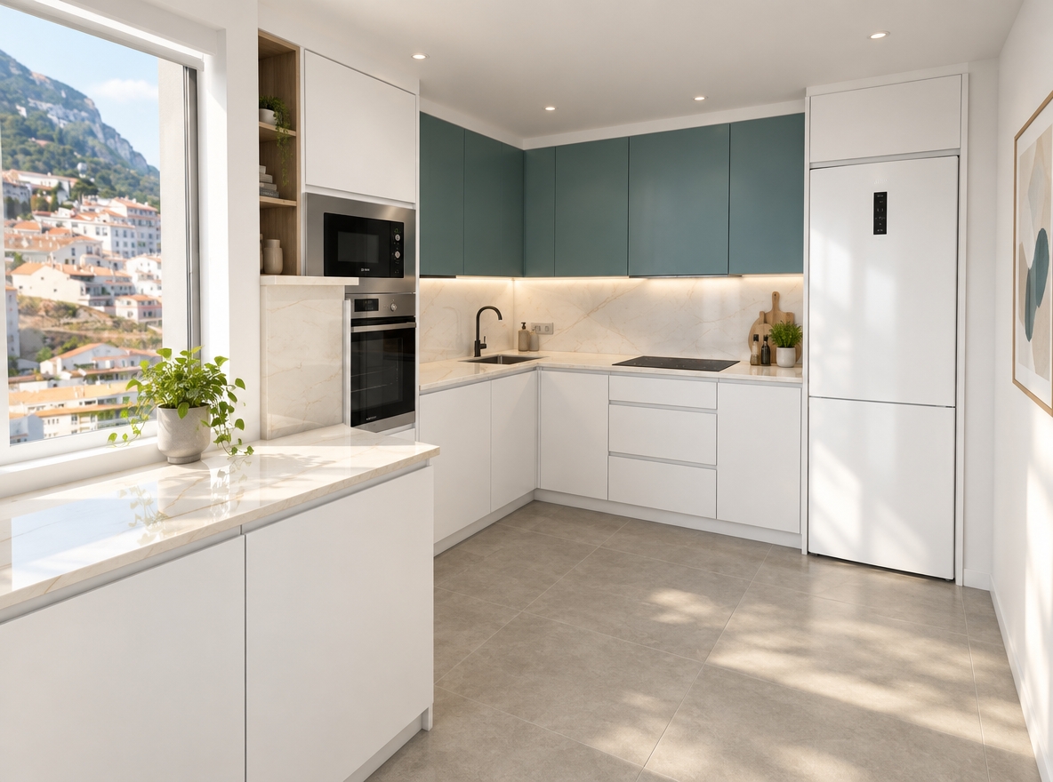 An incredibly lifelike, richly detailed, photorealistic interior shot of a minimalist kitchen sanctuary set in a sun-drenched urban apartment. The scene is illuminated by soft, natural light spilling through an adjacent window, creating a serene and zen-inspired atmosphere. Captured with a 24mm wide-angle lens, emphasizing the seamless integration of matte-finish teal upper cabinetry against crisp, white-lacquered lower units and elegant, pale-veined marble countertops.

The kitchen is a study in streamlined functionality, featuring a clutter-free quartz workstation and high-end stainless steel integrated appliances that highlight a modern, monochromatic aesthetic. A delicate, abstract piece of wall art hangs with intentional simplicity, while a small, vibrant green indoor plant breathes life into the corner, softening the clean architectural lines. The floor is laid with oversized, matte-gray ceramic tiles that extend the sense of space, grounding the airy, uncluttered composition in subtle warmth. Every detail, from the minimalist black faucet to the smooth, handle-less cabinet profiles, reflects a sophisticated, elegant approach to everyday living, capturing a perfect moment of domestic tranquility.