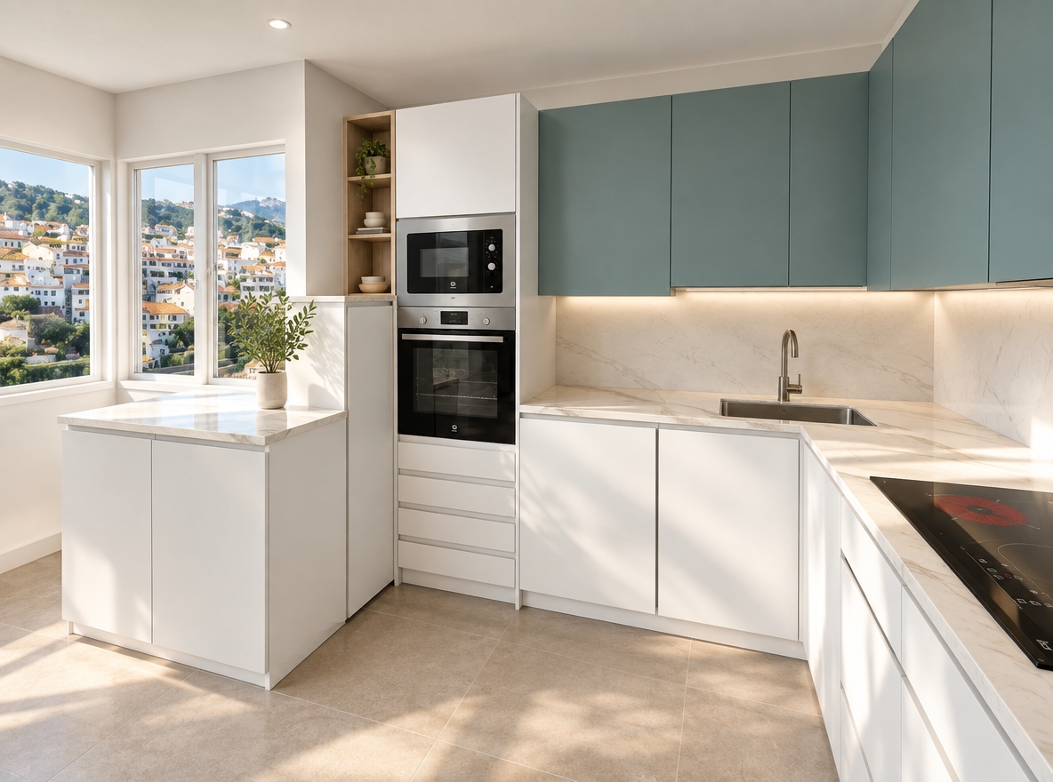 An incredibly lifelike, richly detailed, photorealistic interior shot of a minimalist kitchen sanctuary set in a sun-drenched urban apartment. The scene is illuminated by soft, natural afternoon light pouring through the wide window, creating a serene and zen-inspired atmosphere. Captured with a 35mm wide-angle lens, the image emphasizes the seamless transition between the pristine white cabinetry and the calming, matte-finish pastel teal upper units.

The kitchen is a masterclass in streamlined functionality, featuring clutter-free countertops of veined white stone that glow under the gentle sunlight. A sleek, brushed-metal faucet stands in sharp relief against the clean lines of the sink, while the high-end integrated microwave and oven stack provide a sophisticated focal point. The color palette is a harmonious blend of crisp whites and subtle, sophisticated pastels, grounded by the earthy texture of the tiled floor. To the side, a slim, warm wooden shelving unit adds an organic touch, echoing the minimalist aesthetic. Through the window, the panoramic view of the hillside architecture serves as a living, abstract piece of wall art, grounding the interior in its coastal context. Every element is intentional, from the perfectly aligned edges to the hidden hardware, resulting in an elegant space that feels both airy and remarkably tranquil.