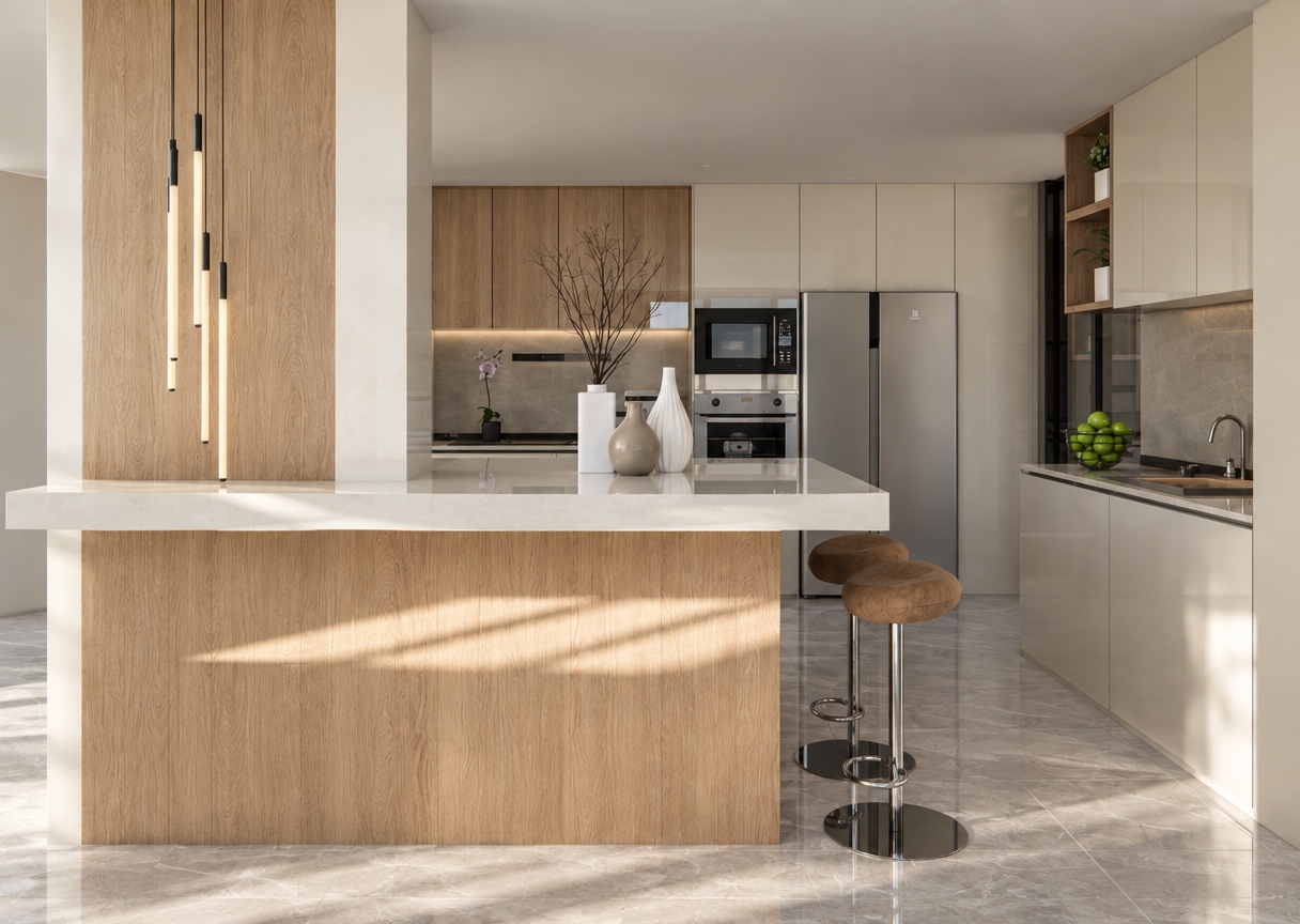 An incredibly lifelike, richly detailed, photorealistic interior shot of a serene, modern kitchen set in a bright, spring-time midday light. The scene is illuminated by soft, natural sunlight filtering across the kitchen island, creating a tranquil, minimalist haven atmosphere. Captured with a 35mm lens, emphasizing the fine grain of the warm oak wood cabinetry and the cool, polished texture of the gray marble floor tiles, this image showcases a perfectly balanced, clutter-free space. The composition centers on a sleek, white-topped island anchored by a floor-to-ceiling wooden pillar, adorned with delicate, linear pendant lights that cast subtle, elegant shadows. The palette is a sophisticated harmony of monochromatic shades—creamy whites, soft grays, and muted wood tones—accented only by the organic silhouette of bare, sculptural branches in a ceramic vase and a bowl of vibrant, crisp green apples on the counter. Every element, from the streamlined, handleless cabinet faces to the high-end stainless steel appliances integrated into the wall, reflects a zen-inspired approach to luxury, where functional design meets artistic simplicity in a clean, airy, and meticulously organized environment.