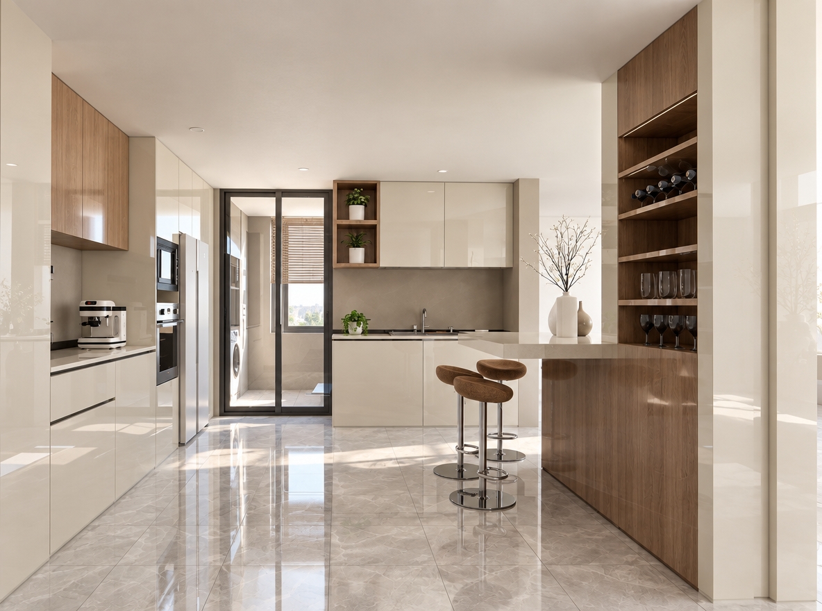 An incredibly lifelike, richly detailed, photorealistic interior photo of a sleek, modern kitchen set in a bright, minimalist haven. The scene is illuminated by the soft, diffuse glow of midday spring light filtering through the glass balcony door, creating a serene and zen-inspired atmosphere. Captured with a professional-grade 35mm lens, emphasizing the high-gloss, reflective cream cabinetry and the rich, warm-toned wood grain of the custom-integrated bar and shelving unit, the composition radiates an uncluttered, functional elegance. The floor, composed of large-format, cool-gray marble tiles, acts as a mirror for the streamlined environment, reflecting the gentle sunlight and the crisp, clean lines of the space. Minimalist decor, such as a curated selection of indoor plants and a few choice glassware pieces, punctuates the monochromatic palette of whites and soft beiges, while the chrome-based bar stools add a touch of polished metallic sophistication. The overall perspective is perfectly centered, drawing the eye toward the seamless integration of the cooking zone and the breakfast bar, capturing the quiet, refined beauty of a truly modern, clutter-free culinary sanctuary.