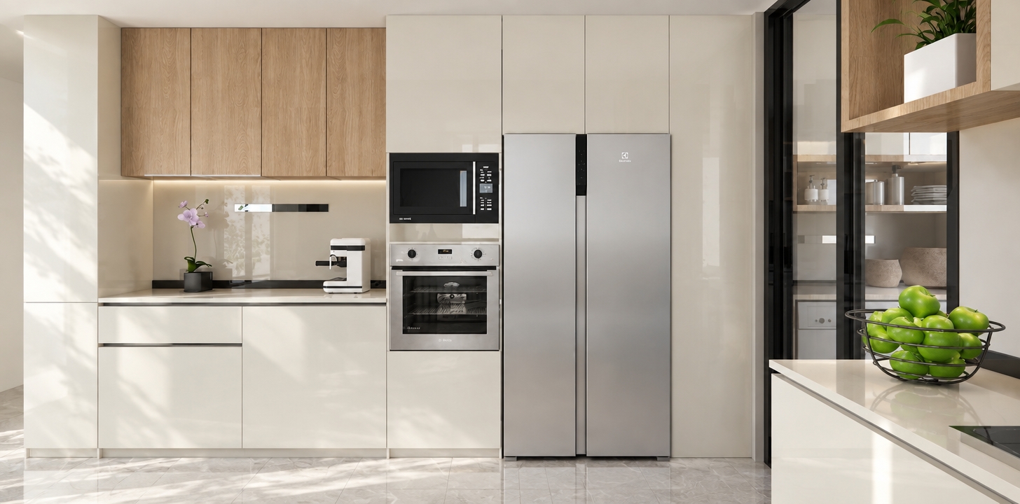 An incredibly lifelike, richly detailed, photorealistic eye-level interior photo of a minimalist haven kitchen set in a serene, modern residence during a bright spring midday. The scene is illuminated by soft, natural ambient light that washes over the surfaces, creating a clean and tranquil atmosphere. Captured with a 35mm wide-angle lens, the composition emphasizes the seamless integration of high-gloss off-white cabinetry and warm, vertical-grain oak upper cupboards that ground the space in organic sophistication. The minimalist aesthetic is defined by uncluttered, streamlined surfaces, where a professional-grade stainless steel oven and microwave are recessed perfectly into a central column, adjacent to a sleek side-by-side refrigerator. A single, delicate orchid in a matte black pot provides a Zen-inspired touch to the pristine countertop, while a wire bowl filled with vibrant green apples adds a pop of natural color to the foreground. To the right, a dark, thin-profile frame suggests a transition into an adjacent space, featuring open shelving adorned with a lush indoor plant, further enhancing the airy, monochromatic palette. Every element, from the cool-toned marble floor tiles to the subtle shadow play under the cabinetry, contributes to an elegant, functional, and deeply peaceful environment that feels as though it were lifted directly from the pages of a high-end interior design photography book.