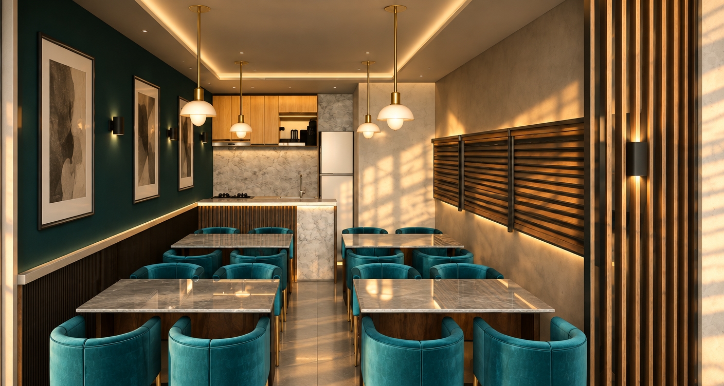 An incredibly lifelike, richly detailed, photorealistic wide-angle interior shot of a sophisticated, contemporary restaurant set in a bustling urban district at golden hour. The scene is illuminated by the soft, honeyed glow of a sunset filtering through slatted blinds, creating an intimate, refined, and serene atmosphere. Captured with a 35mm lens, emphasizing the crisp contrast between deep teal accent walls and the warm, neutral palette of champagne and pearl finishes.

The composition centers on a balanced floor plan featuring sleek, tailored velvet chairs in a vibrant cyan-teal, paired with polished gray stone-topped tables. Sculptural, brass-finished pendant lights hang gracefully above, casting subtle glints across the clean lines of the space. To the left, abstract charcoal-framed artwork mounted on the dark teal wall adds a touch of gallery-style elegance. The back service counter, finished in light oak and veined marble, anchors the room, while a vertical slatted timber screen on the right adds rhythmic texture to the wall. The integration of polished surfaces and matte textures creates a high-end, airy aesthetic that perfectly embodies understated luxury and urban chic.