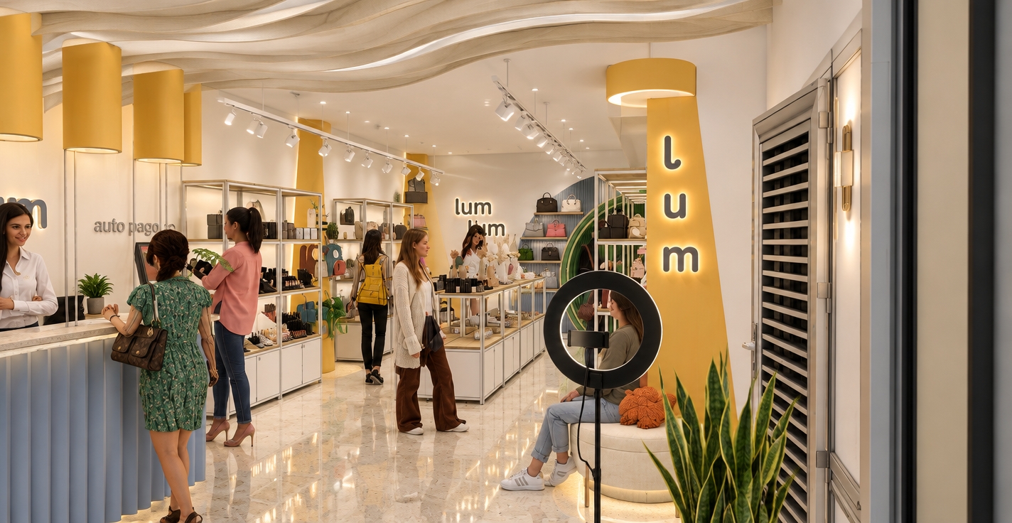 A crisp, eye-level architectural photograph of this retail boutique interior, illuminated by balanced commercial lighting. White ceiling track spotlights cast focused beams onto matte white metal display fixtures with light wood-grain shelving, while soft glow emanates from the backlit lum lum signage and rear recessed green-slat display. The ceiling features flowing, realistically textured fabric waves set against graphic yellow accent walls. Glossy light-toned flooring shows natural diffuse reflections of the customers, products, and foreground ring light, rendered with balanced warm-neutral color grading, authentic material textures, and accurate contact shadows.