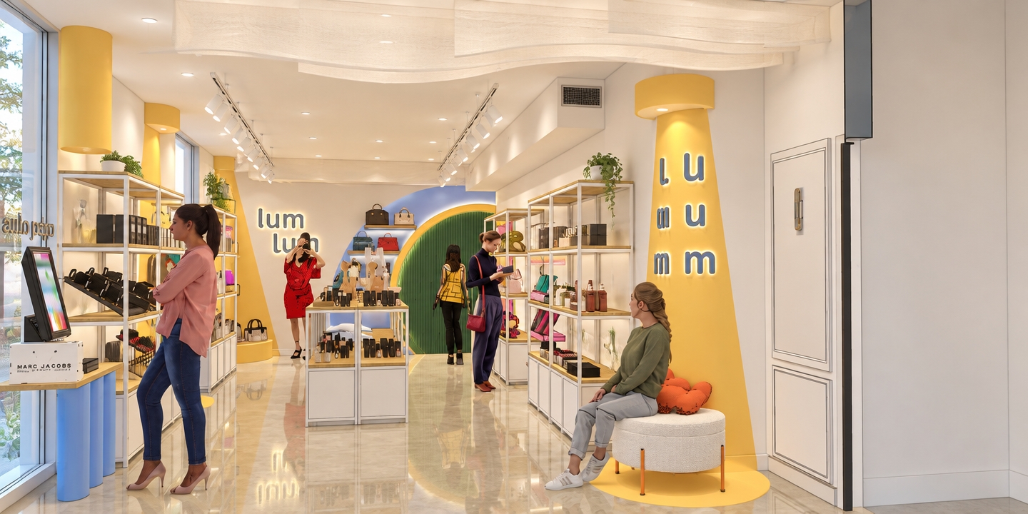 A clean architectural photograph of the bright women's boutique interior, featuring flowing white fabric baffles suspended from the ceiling and white track lights casting balanced illumination across the merchandise. Display fixtures are constructed from white powder-coated metal framing with light wood-grain melamine shelves and smooth white lower cabinetry, neatly stocked with cosmetics, bags, and accessories. Stylized yellow painted lighting cones accent the walls alongside glowing, backlit 3D lum lum signage. In the background, a warm halo of light outlines the arched green fluted slat-wall panel and illuminated purse shelves. The polished high-gloss floor reflects ambient highlights with subtle clarity, captured through a crisp wide-angle lens with natural material textures, balanced exposure, and true-to-life color rendering.