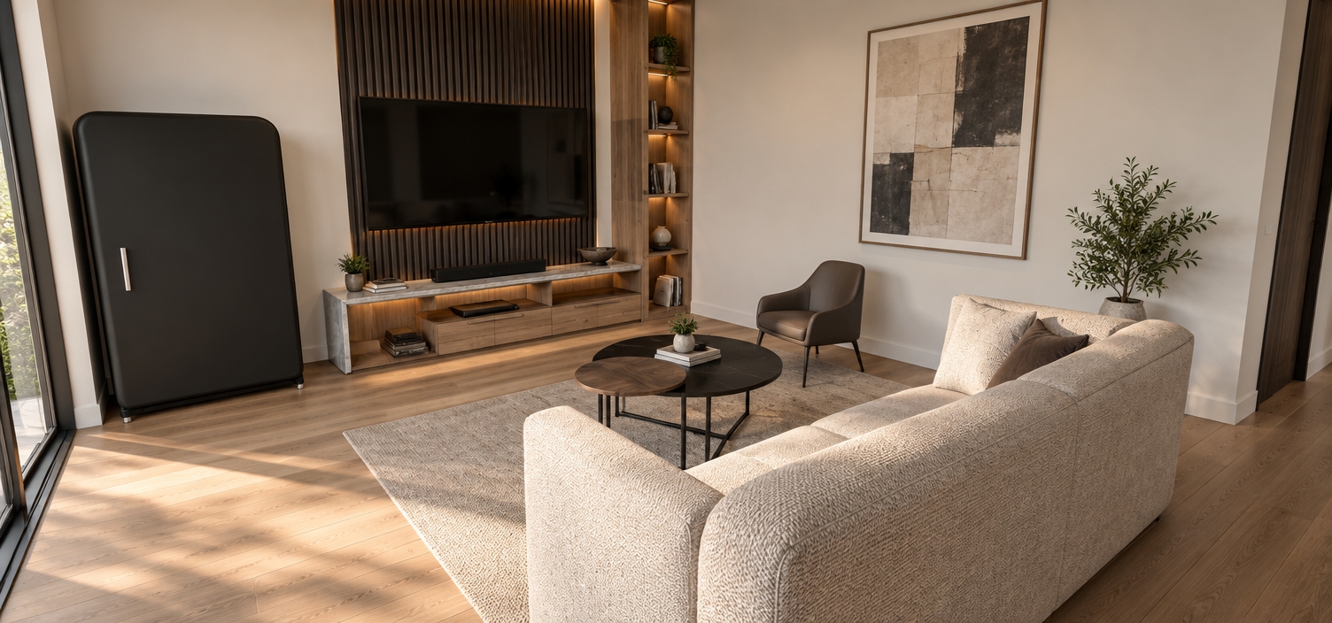 The photo captures a beautifully composed mid-century modern living room, presented with clean lines and a harmonious palette that evokes a sense of calm and sophistication. The room is floored with warm, light-toned wood planks, which extend throughout, creating a consistent base for the interior design. The walls are finished in a smooth, light greige or beige, providing a neutral backdrop for the furniture and architectural features.

Dominating the primary wall is a striking media unit, where a large, sleek television is mounted against a textured dark accent panel composed of vertical slats, adding depth and a contemporary edge. Beneath the television, a long, low-profile entertainment console crafted from light natural wood features a series of open shelves and closed drawers with minimalist dark pulls, topped by a substantial slab of what appears to be light gray concrete or polished stone. Flanking the right side of the media console is a tall, narrow open shelving unit, also in light wood, offering ample space for display.

In the foreground, a generously sized sofa upholstered in a richly textured, light cream or off-white woven fabric defines the seating area. Its simple, slightly rounded silhouette aligns with mid-century sensibilities. In front of the sofa, a pair of nested round coffee tables with dark tops and slender black metal bases provides a functional and stylish centerpiece. To the right of the sofa, a sleek, dark gray accent chair with a subtly curved back and dark, tapered wooden legs adds a contrasting yet complementary seating option. On the far left, a tall, dark gray door with notably rounded top corners and a simple vertical metal handle stands out, hinting at an entrance or closet, adjacent to what appears to be a large sliding glass door or window with dark frames, allowing natural light to fill the space. The entire setting is grounded by a textured, light beige rug beneath the sofa and coffee tables, tying the seating arrangement together. The design emphasizes functionality, clean geometry, and a thoughtful balance of natural materials and neutral colors, creating an inviting and timeless aesthetic.
