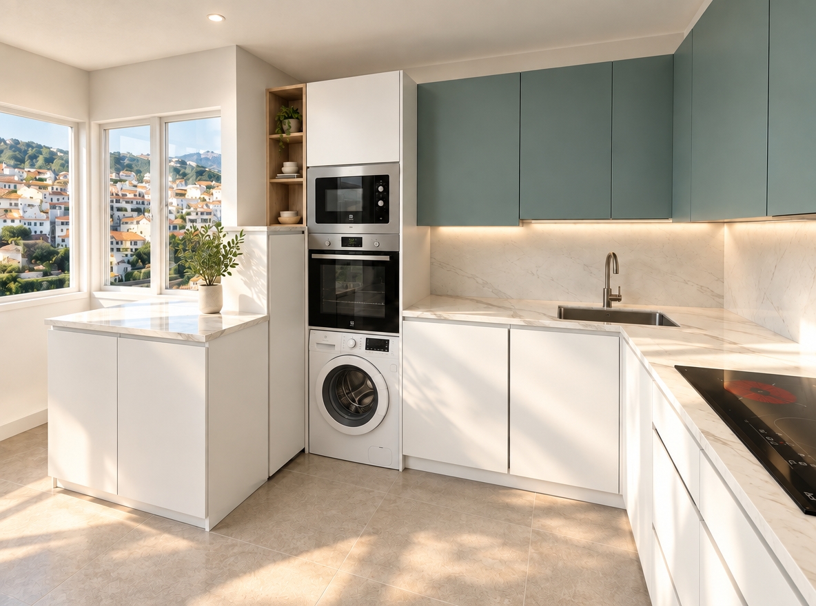 An incredibly lifelike, richly detailed, photorealistic wide-angle interior shot of a minimalist haven kitchen set in a sun-drenched coastal hillside home. The scene is illuminated by warm, natural golden-hour sunlight filtering through corner windows, creating a serene and airy atmosphere. Captured with a 24mm wide-angle lens, emphasizing the crisp contrast between the matte sage-green upper cabinetry and the clean, white handleless base units.

The kitchen configuration features a seamless integration of utility and style; beneath the brushed stainless steel oven stack, a sleek, fully integrated washing machine is concealed behind a matching white door, maintaining the room's streamlined aesthetic. The worktops are crafted from luxurious Calacatta marble with subtle grey veining, reflecting the soft glow of integrated under-cabinet LED strips that highlight the matching marble backsplash. To the left, an open oak shelving unit adds a touch of organic texture, holding small ceramic bowls and a vibrant potted plant that echoes the lush hillside landscape visible through the window. The composition emphasizes the spatial harmony of the L-shaped layout, where the cool, neutral floor tiles bridge the gap between the functional cooking zone and the breathtaking, elevated Mediterranean view, resulting in a perfectly balanced, sophisticated living space.