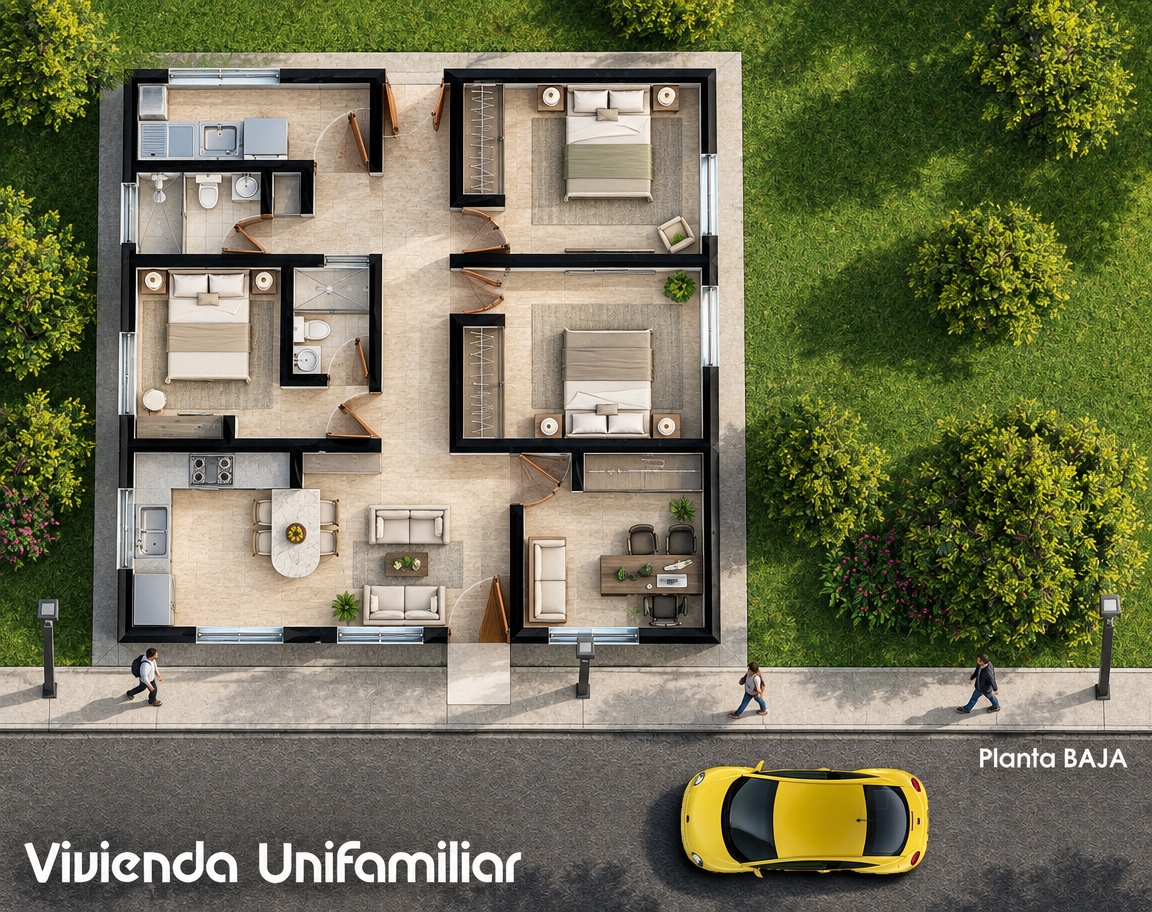 Saludos. Con tu gran capacidad para resolver problemas complejos y tu excelente creatividad para el Diseño Arquitectónico. Podrías crear una Render arquitectónico fotorrealista de alta resolución de una Vivienda Unifamiliar, capturada en una tarde luminosa y despejada con una lente nítida desde una perspectiva elevada (Vista Ortogonal). La brillante luz del sol proyecta sombras nítidas y definidas en la edificación. Mejorar la Resolución de la Escena Arquitectónica que se encuentra en el archivo adjunto. Respetar la Geometría Original y Conservar los Detalles. Crear Tres (03) Postes Modernos para la Iluminación Exterior Tipo LED (con la Luz Apagada) en la Acera que se encuentra en la parte Inferior de la imagen adjunta. Crear Tres (03) personas transitando por la Caminería. Crear textura de Mármol Travertino dentro de la Vivienda y una textura de Porcelanato color Blanco Hueso, en salas sanitarias. Crear las Paredes de Corte con Color Negro. Mejorar un poco la cobertura vegetal general. Generar la Imagen Fotorrealista en 4K. Gracias anticipadas.