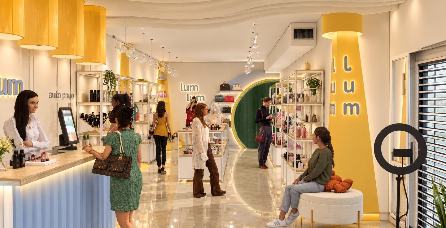 A crisp interior photograph of a bright, modern boutique captured with a wide-angle lens, featuring warm ambient light and soft reflections on polished flooring. Hanging yellow fabric cylinders gracefully drape from the ceiling at the entrance, while white track spotlights cast focused beams across white metal and light wood melamine shelving stocked with cosmetics, accessories, and plush items. Against the walls, geometric yellow accents complement gently glowing, backlit 3D lum lum signage. In the background, a distinctive circular arch with vertical green fluted paneling and integrated warm LED halo lighting frames backlit handbag display shelves. Shoppers and staff appear naturally posed with realistic skin tones, fabric textures, and candid posture, grounded by authentic interior lighting, subtle depth of field, and crisp architectural detail.