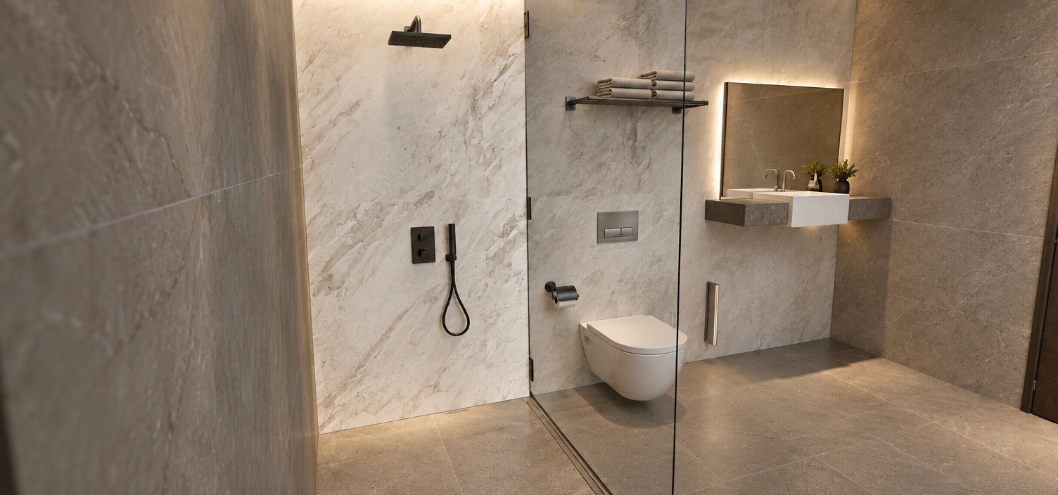 The photo captures a streamlined, contemporary bathroom space, subtly nodding to mid-century modern principles through its emphasis on clean lines and functional design. The room features a dominant palette of cool greys and whites, creating an airy and sophisticated atmosphere. The walls are clad in large format tiles, with the main areas exhibiting a soft, light grey with subtle, delicate veining, while the shower interior showcases a more pronounced white marble-look tile with distinct grey striations. The floor complements this with large square grey tiles, suggesting a durable, matte finish. Separating the spacious walk-in shower from the rest of the bathroom is a clear glass partition, maintaining an open feel. Within the shower, a sleek, rectangular matte black rain shower head is mounted to the ceiling, accompanied by coordinating matte black wall-mounted controls and a hand shower unit, lending a touch of industrial chic. On the opposite side of the glass, the bathroom features a wall-mounted toilet with an integrated flush plate, maintaining the minimalist aesthetic. Above the toilet, a minimalist floating vanity supports a crisp white rectangular basin, paired with a slender, modern chrome faucet and a frameless rectangular mirror. A simple metal towel rack, holding neatly folded white towels, is mounted on the wall, and other essential fixtures like a toilet paper holder and a toilet brush are subtly integrated. The overall composition emphasizes uncluttered spaces and functional elegance, characteristic of a sophisticated, modern interpretation of mid-century minimalism, presented under soft, diffused lighting that highlights the textures and finishes without harsh contrasts.