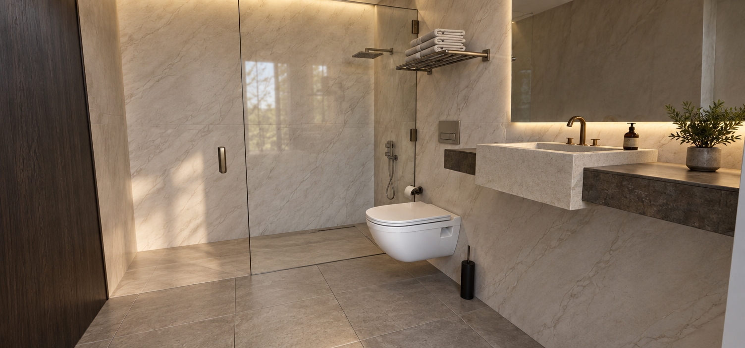 The photo presents a serene and highly functional **bathroom** interior, meticulously designed with a subtle nod to **mid-century modern** principles through its clean lines, minimalist forms, and emphasis on utility and aesthetic integration. The space is predominantly finished in cool tones, with large format, light grey marble-effect tiles covering the walls, featuring delicate white veining that adds texture and depth without overwhelming the eye. These elegant tiles seamlessly extend into the spacious walk-in shower area on the left, which is delineated by a clear, frameless glass partition, creating an open and airy feel. Within the shower, a dark, square rain showerhead is mounted from the ceiling, accompanied by a matching wall-mounted handheld shower. The floor throughout the bathroom is covered in medium grey square tiles, providing a slight tonal contrast to the walls. A sleek, white wall-mounted toilet floats above the floor, reinforcing the minimalist aesthetic, with its flush mechanism discreetly integrated into the wall above. To the right, a distinctive floating vanity unit features a crisp white rectangular basin set into a contrasting, dark grey or mottled stone-like countertop that extends horizontally, creating an asymmetric and practical surface. Above the basin, a statement gooseneck faucet in a warm bronze or copper finish stands out, lending a touch of artisanal sophistication. A large, unframed rectangular mirror spans the wall above the vanity, reflecting the uncluttered space. Practical elements include a wall-mounted chrome towel rack, neatly holding a stack of pristine white towels, and a discreet dark grey toilet brush holder positioned beside the toilet. The ambient lighting is soft and even, highlighting the various textures and clean architectural lines, contributing to an overall atmosphere of refined simplicity and calm efficiency.