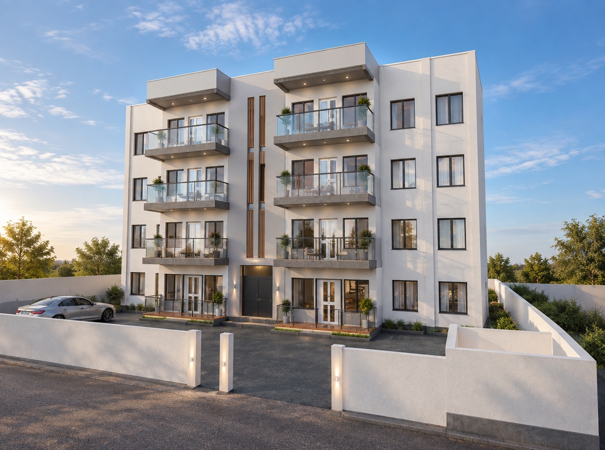 An incredibly lifelike, richly detailed, photorealistic eye-level architectural shot of a contemporary four-story residential apartment complex set in a quiet, sun-drenched urban environment. The scene is illuminated by the soft, diffused light of a late afternoon sun beneath a clear blue sky with wispy clouds, creating a clean, professional, and inviting atmosphere. Captured with a 35mm wide-angle lens, the image emphasizes the crisp contrast between the building's stark, minimalist white-stucco facade and the textured grey stone-paved courtyard that leads to the main entrance. The architecture features symmetrical cantilevered balconies with sleek, frameless glass balustrades and exposed concrete undersides, lending the structure a sense of refined, modern elegance. Subtle details, such as the reflection of the sky in the floor-to-ceiling windows and the precision of the recessed entryway, suggest a high-end finish, while the solid perimeter wall frames the building against a clean horizon. The composition balances the verticality of the apartment blocks with the horizontal expanse of the asphalt-toned paving, where a solitary silver sedan sits parked, adding a sense of lived-in scale and quiet suburban functionality to this meticulously designed residential development.