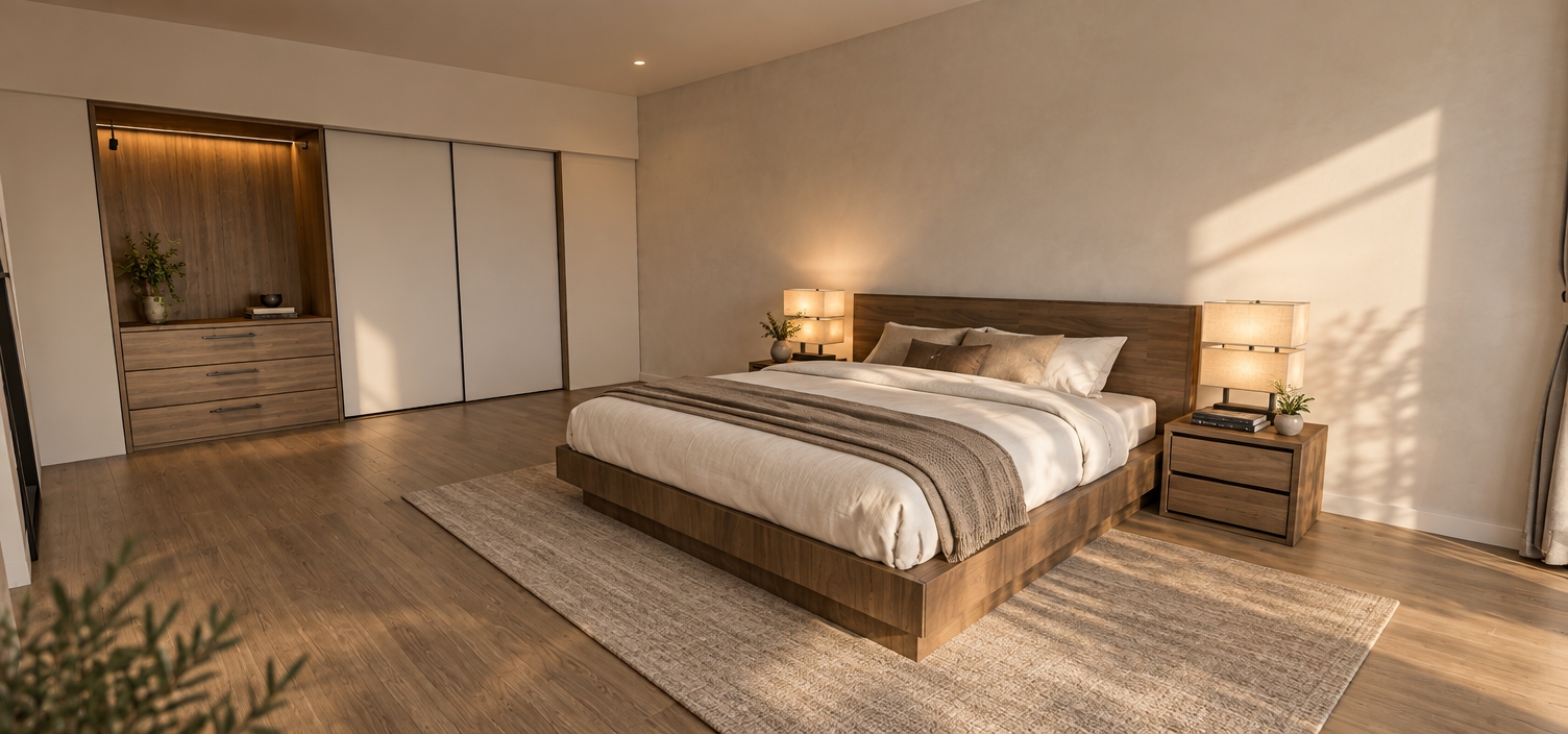 The photo captures a serene and meticulously designed bedroom, showcasing a contemporary aesthetic with clear mid-century modern influences through its clean lines and integrated forms. A substantial bed, featuring a wide, flat panel headboard and an elevated platform frame, both crafted from a rich, warm-toned wood with visible grain, dominates the center-right of the composition. Flanking the bed are matching wooden nightstands, each topped with a distinctive lamp featuring two stacked, rectangular fabric shades that emit a soft, ambient glow. The bed is dressed in crisp white linens, accented by a beige throw blanket and matching decorative pillows, contributing to the room's calm, neutral palette. Along the left wall, a long, built-in wardrobe system offers ample storage; it comprises several sliding doors, some in a matte white finish and others revealing a light, natural wood grain with polished silver bar handles, echoing the room's material consistency. The floor throughout the space is covered in a consistent medium-brown laminate or engineered wood, providing a grounded, organic texture. The walls are painted in a soft, light beige, complementing the wood tones and creating a tranquil atmosphere, while a subtly darker ceiling adds a touch of depth. The room's minimalist approach emphasizes functionality and natural materials, lending it a timeless elegance.