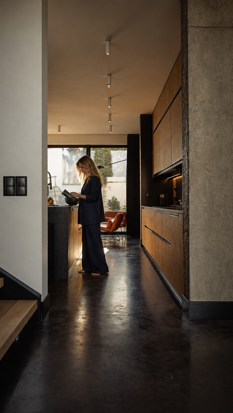 HYPER-REALISTIC ARCHITECTURAL INTERIOR PHOTOGRAPHY
— ABSOLUTE REFERENCE PRESERVATION
Transform this reference image into an ultra-realistic, high-end architectural lifestyle photograph while preserving absolutely everything visible in the original image.
Use the reference image as the exact visual source of truth.
The transformation is primarily about photographic realism, material realism, surface texture, lighting, atmosphere, depth, natural imperfections, and realistic human integration.
The existing interior design, architecture, finishes, materials, furniture, objects, proportions, perspective and composition must remain unchanged.
Do not redesign the interior.
Do not reinterpret the interior.
Do not replace existing materials.
Do not change existing finishes.
Do not change the existing colour palette.
Do not change the architectural design.
Do not change the furniture arrangement.
Do not change the composition.
The final image must look like the exact same interior photographed professionally with a high-end full-frame camera, with dramatically improved photographic realism and material quality.
==================================================
ABSOLUTE PRESERVATION — HIGHEST PRIORITY
==================================================
Preserve exactly:
- existing architecture
- room geometry
- proportions
- dimensions
- walls
- ceiling
- floor
- kitchen island
- cabinetry
- cabinet layout
- tall units
- wall panels
- backsplash
- countertops
- appliances
- sink
- faucet
- lighting fixtures
- furniture
- lounge chair
- curtains
- decorative objects
- accessories
- windows
- glazing
- doors
- openings
- existing materials
- existing colours
- existing finishes
- object placement
- spatial relationships
- camera position
- camera height
- focal-length appearance
- perspective
- viewing direction
- framing
- crop
- composition
- visual hierarchy
Do not add architectural elements.
Do not remove architectural elements.
Do not relocate anything.
Do not resize anything.
Do not simplify anything.
Do not reconstruct anything.
Do not modernize anything.
Do not make the interior more luxurious by changing its design.
Do not make the interior more minimal.
Do not change the existing material palette.
Do not change the existing colour palette.
The original interior design must remain completely intact.
==================================================
PRIMARY TRANSFORMATION
==================================================
The only intended transformation is:
1. dramatically improve photographic realism
2. improve existing material texture quality
3. improve surface micro-detail
4. improve physically accurate light–material interaction
5. improve realistic reflections
6. improve realistic shadows
7. improve natural depth and tonal transitions
8. improve photographic atmosphere
9. naturally integrate the woman into the existing interior
The final image must remain visually identical to the original reference in architecture, design, materials, furniture, objects, spatial relationships, camera and composition.
==================================================
OVERALL MOOD
==================================================
Create a dark, moody, low-key architectural photography atmosphere.
The interior should feel:
- warm
- quiet
- luxurious
- sophisticated
- intimate
- calm
- tactile
- contemporary
- naturally lived-in
- architecturally refined
Use restrained cinematic underexposure.
The image should feel atmospheric and sophisticated rather than dramatically stylized.
Maintain deep blacks and controlled shadows while preserving sufficient material information in darker areas.
The mood must come from:
- realistic exposure
- warm artificial light
- soft natural daylight
- realistic material response
- subtle shadow depth
- controlled highlights
- natural tonal transitions
No excessive cinematic stylization.
No exaggerated contrast.
No crushed shadow detail.
No artificial HDR.
No excessive bloom.
No artificial colour grading.
==================================================
LIGHTING — CRITICAL PRIORITY
==================================================
Physically accurate architectural photography lighting.
Use deliberate cinematic underexposure while maintaining realistic exposure relationships between the interior, woman, furniture, walls, floor, cabinetry, kitchen island, ceiling, and all architectural elements.
Warm artificial lighting approximately 2700–3000K remains restrained, soft, directional, and realistic.
The warm artificial light should gently graze the existing warm natural wood surfaces and architectural elements, revealing their authentic natural grain, fine pores, subtle surface imperfections, micro-texture, and material depth primarily through controlled highlights and soft shadow transitions.
Do NOT turn the existing wood into walnut.
Do NOT darken the existing wood.
Do NOT make the wood orange.
Do NOT make the wood reddish.
Do NOT change the existing wood colour.
The warm light may create subtle warm tonal influence on the existing wood, but the underlying material and colour must remain faithful to the reference.
Natural sunlight remains present and readable.
Soft natural daylight enters the space naturally through the existing glazing and interacts with:
- the dark floor
- kitchen island
- existing natural wood cabinetry
- original wall surfaces
- black architectural elements
- countertop
- furniture
- curtains
- decorative objects
- the woman
Natural daylight should create:
- soft realistic highlights
- subtle reflections
- realistic shadow transitions
- believable colour transitions
- natural light falloff
- physically accurate ambient illumination
Maintain realistic exposure relationships between the brighter window area and the darker interior.
The window area may remain naturally brighter than the interior, but it should retain believable photographic detail and must not appear artificially blown out.
Use realistic:
- indirect illumination
- global illumination
- bounce light
- ambient occlusion
- contact shadows
- cast shadows
- reflected light
- natural colour bounce
- realistic light falloff
- physically accurate shadow density
The woman must receive exactly the same lighting conditions as the surrounding architecture.
Her skin, hair and navy clothing must respond naturally to the same warm artificial light and natural daylight.
The woman must NOT appear separately illuminated.
No beauty lighting.
No studio lighting.
No spotlight on the woman.
No artificial rim light.
No dramatic backlight added specifically for the woman.
No artificial glow.
No theatrical lighting.
No visible light beams.
No excessive volumetric light.
No excessive bloom.
No lens flare.
No stylized lighting effects.
The final lighting must look as though the entire scene — architecture, furniture, materials and woman — was photographed simultaneously inside the real interior.
==================================================
EXISTING WOOD — PRESERVE EXACTLY
==================================================
Preserve the existing warm natural wood cabinetry and wall elements exactly as shown in the reference.
The existing wood colour must remain unchanged.
Do NOT transform it into:
- dark walnut
- black wood
- orange wood
- reddish wood
- yellow oak
- grey wood
- artificially stained wood
Do not change the apparent species or visual identity of the existing wood.
Only improve the realism and texture quality.
The existing wood should look like authentic high-end natural architectural veneer photographed in real life.
Create extremely realistic:
- fine natural grain
- subtle longitudinal grain direction
- delicate pore structure
- microscopic tonal variation
- natural growth variation
- subtle differences between veneer sheets
- realistic veneer transitions
- subtle surface irregularities
- extremely fine tactile texture
- realistic edge definition
- natural light absorption
- physically accurate reflectivity
- subtle dimensional depth
The grain should remain relatively calm, elegant and architectural.
Avoid exaggerated rustic grain.
Avoid dramatic knots.
Avoid excessive contrast in the grain.
Avoid repetitive patterns.
Avoid cloned grain.
Avoid procedural texture.
Avoid perfectly uniform surfaces.
Avoid excessive sharpening.
The wood should look more realistic, not different.
==================================================
WOOD SURFACE FINISH
==================================================
Preserve the existing matte-to-satin appearance.
Use subtle, physically accurate reflectivity.
The surface should contain:
- soft diffuse reflection
- extremely subtle highlights
- realistic micro-roughness
- visible but restrained grain
- natural pore structure
- slight imperfections
- realistic material depth
The wood must never appear:
- plastic
- laminated
- artificially glossy
- artificially dark
- synthetic
- flat
- CGI-generated
==================================================
WALLS — ORIGINAL FINISH PRESERVED
==================================================
Preserve the existing wall finish exactly as shown in the reference.
Do NOT replace the walls with:
- walnut
- wood
- concrete
- stone
- marble
- decorative plaster
- microcement
- architectural panels
- another material
Do NOT change their colour.
Do NOT change their geometry.
Do NOT add cladding.
Do NOT remove wall surfaces.
Only improve their texture and photographic realism.
The original wall surface should gain subtle:
- micro-texture
- natural surface irregularities
- very fine tonal variation
- realistic diffuse response
- subtle pores
- natural imperfections
- believable material depth
- realistic interaction with light
The texture must remain subtle.
It should be visible primarily through realistic light grazing across the surface rather than exaggerated artificial detail.
The walls must still look exactly like the original walls.
==================================================
CEILING — ORIGINAL FINISH PRESERVED
==================================================
Preserve the existing ceiling exactly.
Do not change:
- colour
- geometry
- height
- surface finish
- lighting positions
Improve only photographic realism.
Create subtle natural tonal variation and realistic light falloff.
No artificial texture.
No decorative redesign.
==================================================
BLACK ELEMENTS
==================================================
Preserve all existing black elements exactly.
This includes:
- black cabinetry
- black island
- black backsplash
- black vertical architectural elements
- black curtains
- black metal details
- black frames
- dark floor
Do not change their colour.
Do not lighten them.
Do not replace them.
Improve only their physical realism.
Black surfaces should retain deep rich blacks while preserving subtle material information.
Create realistic:
- micro-roughness
- soft reflections
- subtle tonal variation
- natural specular response
- fine surface imperfections
- realistic light absorption
No artificial glossy black.
No plastic black.
No crushed black detail.
No CGI appearance.
==================================================
FLOOR — ORIGINAL DARK FINISH PRESERVED
==================================================
Keep the existing dark floor exactly as shown in the reference.
Do NOT replace it with concrete.
Do NOT make it light grey.
Do NOT change its colour.
Do NOT change its geometry.
Do NOT introduce new joints.
Only improve its realism.
Add extremely subtle:
- natural micro-texture
- fine surface variation
- realistic diffuse reflection
- subtle sheen
- natural imperfections
- physically accurate light reflection
- realistic contact shadows
The floor must remain dark, elegant and understated.
No wet appearance.
No mirror-like reflection.
No excessive gloss.
No plastic appearance.
No artificial uniformity.
==================================================
COUNTERTOPS
==================================================
Preserve the existing countertop exactly.
Maintain:
- colour
- geometry
- thickness
- edge profile
- surface character
- spatial position
Improve only its physical realism.
Create subtle:
- mineral variation
- micro-texture
- realistic roughness
- natural tonal variation
- physically accurate reflection
No material replacement.
No colour change.
==================================================
BLACK BACKSPLASH
==================================================
Preserve the existing black backsplash exactly.
Improve only:
- surface depth
- subtle micro-texture
- realistic reflection
- micro-roughness
- light interaction
- tonal variation
Keep it dark, sophisticated and understated.
No mirror effect.
No excessive gloss.
==================================================
METAL ELEMENTS
==================================================
Preserve all existing metal fixtures and hardware exactly.
This includes:
- faucet
- handles
- lighting details
- metal frames
- other visible metal components
Maintain their existing colour and finish.
Improve:
- realistic metal reflectivity
- subtle imperfections
- physically correct highlights
- realistic edge reflections
- natural interaction with surrounding light
No exaggerated chrome.
No excessive sharp reflections.
==================================================
GLASS AND WINDOWS
==================================================
Preserve the existing glazing and window frames exactly.
Glass should remain physically realistic with:
- subtle transparency
- realistic reflections
- slight atmospheric variation
- natural exterior light
- physically accurate refraction
Do not alter the window dimensions.
Do not redesign the glazing.
Do not change the exterior architecture visible through the glass.
==================================================
CURTAINS AND TEXTILES
==================================================
Preserve the existing curtains and textiles exactly.
Improve their realism through:
- authentic textile structure
- subtle individual fibre detail
- natural folds
- gravity-driven draping
- realistic compression
- realistic light absorption
- natural shadow behaviour
No artificial smoothing.
No synthetic appearance.
==================================================
MATERIAL REALISM
==================================================
All materials must exhibit physically accurate behaviour under the existing lighting.
Every surface should contain subtle real-world micro-imperfections appropriate to its material.
Upholstered fabrics should show:
- realistic textile density
- subtle individual fibres
- soft light absorption
- natural creasing
- subtle compression
- realistic shadow behaviour
Stone and mineral surfaces should feel:
- heavy
- tactile
- dense
- physically real
- subtly porous
- naturally varied
Glass should remain:
- physically transparent
- subtly reflective
- naturally refractive
Metal should remain:
- subdued
- physically reflective
- controlled in its highlights
Wood should remain:
- natural
- warm
- tactile
- subtly textured
- physically dimensional
No material should appear excessively glossy or artificially perfect.
==================================================
WOMAN — SAME WOMAN AS PREVIOUSLY CREATED
==================================================
Add the SAME blonde woman from the previously created reference.
She must visually correspond to the exact same woman previously generated.
Do NOT generate a different woman.
Do NOT create a generic blonde model.
Preserve the same:
- blonde hair character
- hairstyle
- facial proportions
- facial character
- natural expression
- body type
- body proportions
- feminine silhouette
- age appearance
- overall appearance
- relaxed personality
- photographic quality
She should look like the exact same real woman photographed during the same professional architectural photoshoot.
==================================================
WOMAN — NATURAL APPEARANCE
==================================================
Naturally beautiful adult blonde woman.
Long, loose, softly wavy blonde hair.
Warm natural blonde colour with subtle darker blonde roots and realistic tonal variation.
Individual hair strands must be visible.
Hair should contain:
- natural flyaway strands
- realistic density
- believable volume
- subtle irregularities
- natural highlights
- realistic interaction with ambient light
Facial features should be refined but completely natural.
Preserve subtle natural facial asymmetry.
Skin should contain:
- realistic pores
- tiny imperfections
- subtle tonal variation
- believable translucency
- physically accurate subsurface scattering
- natural highlights
- realistic shadow transitions
No plastic skin.
No airbrushed skin.
No artificial beauty filter.
No excessive smoothing.
No mannequin appearance.
No generic AI face.
No excessive beauty retouching.
==================================================
OUTFIT — SAME DESIGN, DEEP NAVY BLUE
==================================================
The woman wears the SAME relaxed two-piece outfit from the original prompt, but the colour is changed to sophisticated deep navy blue.
The outfit consists of:
- relaxed oversized beige-style tailored blazer silhouette
- matching very wide-leg full-length trousers
- flowing wide trouser silhouette
- relaxed contemporary tailoring
- understated luxury aesthetic
- premium linen-look textile
- matte tactile surface
The design, cut, proportions and silhouette must remain the same.
Only the colour changes.
The outfit colour must be:
- deep navy blue
- rich dark navy
- sophisticated
- slightly desaturated
- elegant
- architectural
The navy must remain visibly navy rather than becoming black.
Avoid:
- bright blue
- royal blue
- electric blue
- cyan
- turquoise
- purple-blue
- overly saturated blue
The navy fabric should respond naturally to the warm interior lighting.
Warm light may create extremely subtle warm tonal influence on the fabric while the garment remains clearly deep navy.
==================================================
CLOTHING REALISM
==================================================
The navy outfit must look like genuine premium linen or very high-quality linen-look fabric.
Include:
- authentic fibre structure
- subtle weave visibility
- natural weave irregularities
- realistic textile density
- natural wrinkles
- soft creasing
- realistic compression
- gravity-driven folds
- slight irregularity
- natural tension around elbows
- realistic folds around waist
- realistic folds around hips
- natural draping around legs
- matte light absorption
- subtle highlights only where fabric catches light
The trousers must remain VERY WIDE, flowing and full-length.
The trouser legs should naturally fall toward the floor with realistic weight and gravity.
The blazer should remain relaxed and slightly oversized.
No synthetic appearance.
No plastic texture.
No glossy fabric.
No excessive stiffness.
No fashion illustration.
No different outfit.
No dress.
No skirt.
No jeans.
No narrow trousers.
No leggings.
No bright colours.
No logos.
No unnecessary accessories.
==================================================
BAREFOOT
==================================================
The woman is barefoot.
Her feet must be:
- anatomically correct
- naturally positioned
- correctly proportioned
- physically grounded
- realistic in scale
Use subtle physically accurate contact shadows.
No floating feet.
No distorted toes.
No anatomical errors.
==================================================
POSE
==================================================
The woman stands naturally and calmly within the existing interior.
Her posture is:
- relaxed
- subtle
- elegant
- believable
- spontaneous
Avoid a fashion-model pose.
Avoid exaggerated body language.
Avoid dramatic gestures.
Use natural weight distribution.
Relaxed shoulders.
Subtle asymmetry.
Natural arms and hands.
Natural posture.
She should look as though she is naturally inhabiting the kitchen during an architectural photoshoot.
She should NOT appear to be intentionally posing for the camera.
==================================================
HUMAN SCALE
==================================================
Maintain physically correct human scale relative to:
- kitchen island
- cabinetry
- countertop
- doors
- walls
- floor
- furniture
- architectural openings
- ceiling height
- surrounding objects
The woman must be correctly integrated into the spatial perspective.
No oversized body.
No undersized body.
No distorted proportions.
==================================================
HYPER-REALISTIC HUMAN DETAIL
==================================================
The woman must look completely real.
Skin:
- realistic pores
- subtle fine lines
- natural imperfections
- realistic tonal variation
- believable translucency
- soft subsurface scattering
- natural highlights
- realistic shadow transitions
Hair:
- individual strands
- natural flyaway hairs
- realistic density
- physically believable volume
- subtle tonal variation
- natural highlights
- realistic interaction with ambient light
Hands:
- anatomically correct hands
- realistic fingers
- correct finger proportions
- natural joints
- subtle skin folds
- realistic nails
Feet:
- anatomically correct
- realistic toes
- realistic skin texture
- natural weight distribution
- accurate contact with floor
==================================================
INTEGRATION WITH ARCHITECTURE
==================================================
The woman must be physically integrated into the existing interior.
She must receive exactly the same lighting conditions as the surrounding architecture.
Her skin, hair and clothing must respond naturally to the same warm artificial light and natural daylight.
Use physically accurate:
- indirect illumination
- reflected light
- colour bounce
- ambient occlusion
- contact shadows
- cast shadows
- light falloff
- exposure
- depth
- atmospheric interaction
The existing warm natural wood should subtly influence the light falling onto her clothing and skin where physically appropriate.
The dark floor should create subtle, physically accurate reflected ambient light.
Her navy clothing should absorb and reflect light naturally according to its textile properties.
Her presence must feel as if she was physically standing in the interior during the original architectural photoshoot.
No cutout appearance.
No pasted-on appearance.
No halo.
No edge artefacts.
No mismatched sharpness.
No mismatched colour temperature.
No mismatched exposure.
No artificial compositing.
No artificial spotlight.
==================================================
CAMERA AND COMPOSITION
==================================================
The camera remains COMPLETELY LOCKED.
Preserve exactly:
- camera position
- camera height
- focal length
- perspective
- viewing direction
- framing
- crop
- composition
- architectural proportions
- spatial relationships
Do not move the camera.
Do not zoom.
Do not crop.
Do not change the lens.
Do not create another angle.
Do not introduce another shot.
Do not alter the perspective.
The woman must be inserted into the existing composition without changing the framing.
==================================================
DEPTH OF FIELD
==================================================
Use natural full-frame architectural photography depth of field.
Maintain realistic focus relationships between architecture and woman.
No artificial excessive background blur.
No cinematic fake bokeh.
No exaggerated shallow depth of field.
The image must retain sufficient architectural detail throughout the scene.
==================================================
PHOTOGRAPHIC MICRO-DETAIL
==================================================
Extremely realistic micro-contrast and organic sharpness.
Natural full-frame camera rendering.
Subtle optical characteristics of a professional architectural lens.
Natural tonal roll-off.
Realistic highlight behaviour.
Realistic shadow transitions.
Subtle film grain.
No oversharpening.
No excessive clarity.
No HDR appearance.
No artificial micro-contrast.
No digital noise.
==================================================
PHOTOGRAPHIC REALISM
==================================================
The final image must look like a genuine high-end architectural photograph captured with a professional full-frame camera.
It must NOT look like:
- CGI
- 3D render
- computer-generated visualization
- digital illustration
- AI-generated interior
- stylized image
Use:
- organic photographic sharpness
- realistic micro-contrast
- natural tonal roll-off
- realistic highlights
- realistic shadows
- physically accurate reflections
- natural material response
- subtle optical characteristics
- subtle film grain
- authentic colour response
No artificial perfection.
==================================================
FINAL IMAGE QUALITY
==================================================
Extreme detail.
Hyper-realistic material definition.
Organic photographic sharpness.
Physically accurate light–material interaction.
Natural human realism.
Realistic architectural scale.
Realistic reflections.
Realistic shadows.
Realistic textures.
Realistic colour grading.
Deep blacks.
Controlled highlights.
Natural tonal roll-off.
Subtle film grain.
Sophisticated editorial photography aesthetic.
The final image must be completely indistinguishable from a real high-end architectural photograph captured on a professional full-frame camera.
The architecture must remain exactly as in the reference.
The materials must remain exactly as in the reference.
The colours of the interior must remain exactly as in the reference.
The camera must remain exactly as in the reference.
The composition must remain exactly as in the reference.
The woman must look like the SAME blonde woman previously created.
She must wear the SAME two-piece outfit design, but in deep navy blue.
She must appear completely real, natural, anatomically correct, physically grounded, and perfectly integrated into the architectural photograph.
==================================================
FINAL NEGATIVE CONSTRAINTS
==================================================
NO CHANGE TO ARCHITECTURE.
NO CHANGE TO WALL FINISH.
NO CHANGE TO FLOOR FINISH.
NO CHANGE TO WOOD COLOUR.
NO DARK WALNUT.
NO LIGHT CONCRETE.
NO MATERIAL REPLACEMENT.
NO CHANGE TO CABINETRY.
NO CHANGE TO FURNITURE.
NO CHANGE TO OBJECT PLACEMENT.
NO CHANGE TO LIGHTING DESIGN.
NO CHANGE TO CAMERA.
NO CHANGE TO PERSPECTIVE.
NO CHANGE TO COMPOSITION.
NO REDESIGN.
NO REARRANGEMENT.
NO NEW ARCHITECTURAL ELEMENTS.
NO CGI LOOK.
NO 3D RENDER LOOK.
NO AI-GENERATED LOOK.
NO DIGITAL ILLUSTRATION.
NO STYLIZATION.
NO ARTIFICIAL PERFECTION.
NO PLASTIC MATERIALS.
NO PLASTIC SKIN.
NO FAKE WOOD GRAIN.
NO PROCEDURAL TEXTURES.
NO CLONED TEXTURES.
NO EXCESSIVE WOOD GRAIN.
NO EXCESSIVE GLOSS.
NO ARTIFICIAL MIRROR REFLECTIONS.
NO ARTIFICIAL HDR.
NO EXCESSIVE SHARPNESS.
NO ARTIFICIAL BOKEH.
NO THEATRICAL LIGHTING.
NO LIGHT BEAMS.
NO LENS FLARE.
NO EXCESSIVE BLOOM.
NO ARTIFICIAL SPOTLIGHT ON WOMAN.
NO BEAUTY LIGHTING.
NO FASHION-MODEL POSE.
NO CHILDREN.
NO ADDITIONAL PEOPLE.
NO DIFFERENT WOMAN.
NO GENERIC AI FACE.
NO BEAUTY FILTER.
NO MANNEQUIN APPEARANCE.
NO DISTORTED HANDS.
NO DISTORTED FEET.
NO ANATOMICAL ERRORS.
NO FLOATING BODY.
NO CUTOUT EFFECT.
NO HALO.
NO EDGE ARTEFACTS.
NO COMPOSITING ARTEFACTS.
NO MISMATCHED LIGHTING.
NO MISMATCHED EXPOSURE.
NO MISMATCHED COLOUR TEMPERATURE.
NO MISMATCHED SHARPNESS.
==================================================
FINAL DIRECTIVE
==================================================
Preserve the exact original kitchen.
Preserve the exact original architecture.
Preserve the exact original materials.
Preserve the exact original wall finish.
Preserve the exact original warm natural wood.
Preserve the exact original dark floor.
Preserve the exact original black elements.
Preserve the exact original furniture and objects.
Preserve the exact original camera and composition.
Improve ONLY photographic realism, material texture, micro-detail, lighting realism, surface depth, reflections, shadows and natural human integration.
Maintain the dark, moody, warm, sophisticated luxury atmosphere of the original prompt.
Use realistic 2700–3000K warm artificial lighting combined with soft natural daylight.
Keep the interior deliberately slightly underexposed while preserving realistic material information.
The woman must be the same blonde woman as previously created.
She must wear the same wide-leg two-piece outfit design in sophisticated deep navy blue.
She must look physically present inside the space, naturally illuminated by the exact same lighting as the architecture.
The final result must look like a real professional architectural photograph, not a redesigned interior and not a CGI visualization.