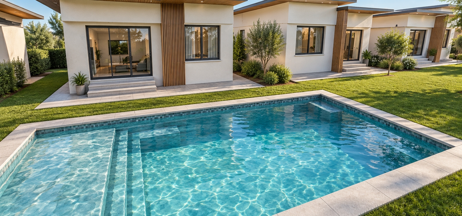 The photo captures a serene outdoor pool area, bathed in the soft, inviting glow of a clear day, showcasing a row of stylish mid-century modern residences. The expansive swimming pool, with its crystal-clear turquoise water, reflects the vibrant blue sky and exhibits subtle, undulating ripples across its surface, hinting at a gentle breeze. Its perimeter features a warm, earthy mosaic tile band just above the waterline, capped by crisp, light grey coping stones that extend into a functional pool deck. Submerged steps and a shallow tanning ledge are visible in the cool water, offering an inviting entry point. Beyond the meticulously manicured green lawn, a series of pristine white residences with distinctive flat roofs and generous cantilevering overhangs exemplify the clean lines and minimalist aesthetic of mid-century modern architecture. Large, dark-framed sliding glass doors and windows punctuate the smooth white facades, offering enticing glimpses into elegantly understated interiors, where subtle hints of contemporary furniture and warm lighting are visible. Each residence sits on a raised light grey concrete slab, accessed by simple, angular steps, reinforcing the structured yet inviting design. The entire composition suggests a luxurious resort or a sophisticated residential community, designed for seamless indoor-outdoor living under a brilliant blue sky, with carefully placed shadows adding depth and realism to the architectural forms.