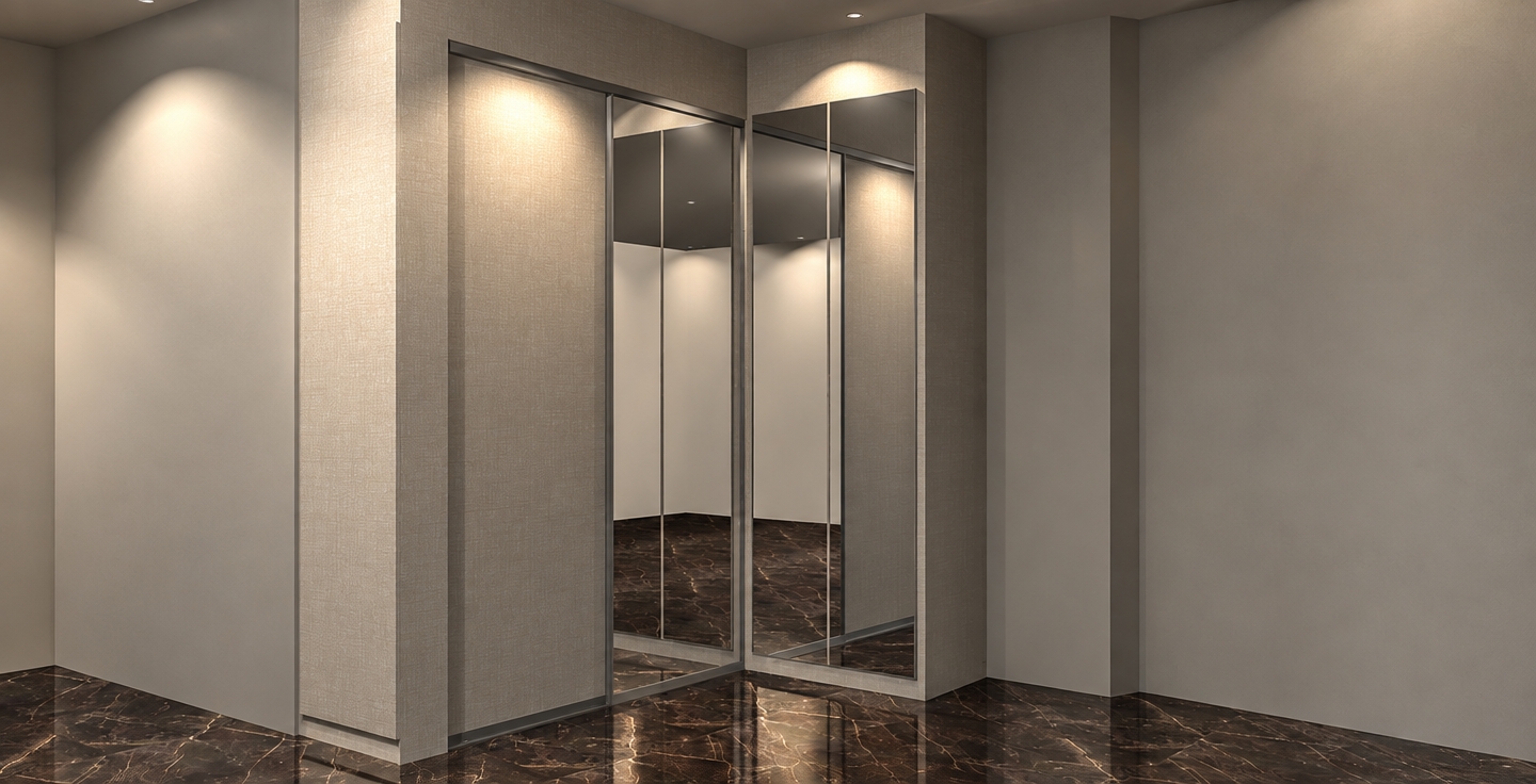 An incredibly lifelike, richly detailed, photorealistic interior shot of a minimalist corner wardrobe system set in a serene living room haven. The scene is illuminated by soft, recessed accent lighting, creating a tranquil, Zen-inspired atmosphere. Captured with a wide-angle lens, emphasizing the crisp contrast between the rich, dark marble-veined flooring and the textured, light-gray linen-finish cabinetry.

This minimalist sanctuary features a sleek, floor-to-ceiling corner wardrobe designed with a sophisticated blend of opaque, fabric-textured panels and reflective, full-height mirror doors. The composition highlights the streamlined aesthetic of the unit, which integrates seamlessly into the architecture of the room. The space is defined by a monochromatic palette of refined grays and whites, keeping surfaces entirely clutter-free. Subtle shadows cast by the integrated overhead lights add depth to the corner, while the mirror panels extend the visual perspective of the room, reflecting the clean lines of the surrounding space. The overall effect is one of quiet luxury, where every functional element feels like a intentional piece of modern art.