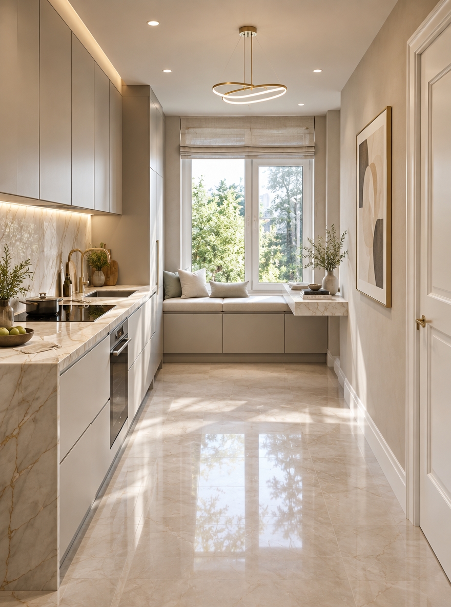 An incredibly lifelike, richly detailed, photorealistic wide-angle interior photograph of a completely transformed kitchen set in a refined urban residence. The scene is illuminated by soft, abundant natural morning daylight pouring through an expansive picture window framing lush outdoor greenery, paired with warm architectural recessed LEDs and a minimalist sculptural lighting fixture, creating an airy, light-filled, and deeply sophisticated atmosphere. Captured with a professional full-frame camera and a 24mm tilt-shift lens, emphasizing sleek polished stone surfaces, smooth pearl-toned finishes, and slim metal accents in brushed champagne gold. 

The reimagined space achieves effortless contemporary elegance through a balanced, clean-lined spatial composition. Handleless custom cabinetry in shades of warm white and soft gray conceals state-of-the-art appliances, seamlessly integrating with luminous Calacatta marble countertops and a matching polished stone backsplash. Positioned beside the bright window alcove, a tailored upholstered bench offers a serene breakfast nook styled with curated decor and an artful photography book resting on a floating stone ledge. Fresh plaster walls in muted tones display elegant, large-scale abstract wall art, completing an understated, exquisitely polished kitchen environment that effortlessly blends high-end functionality with timeless modern luxury.